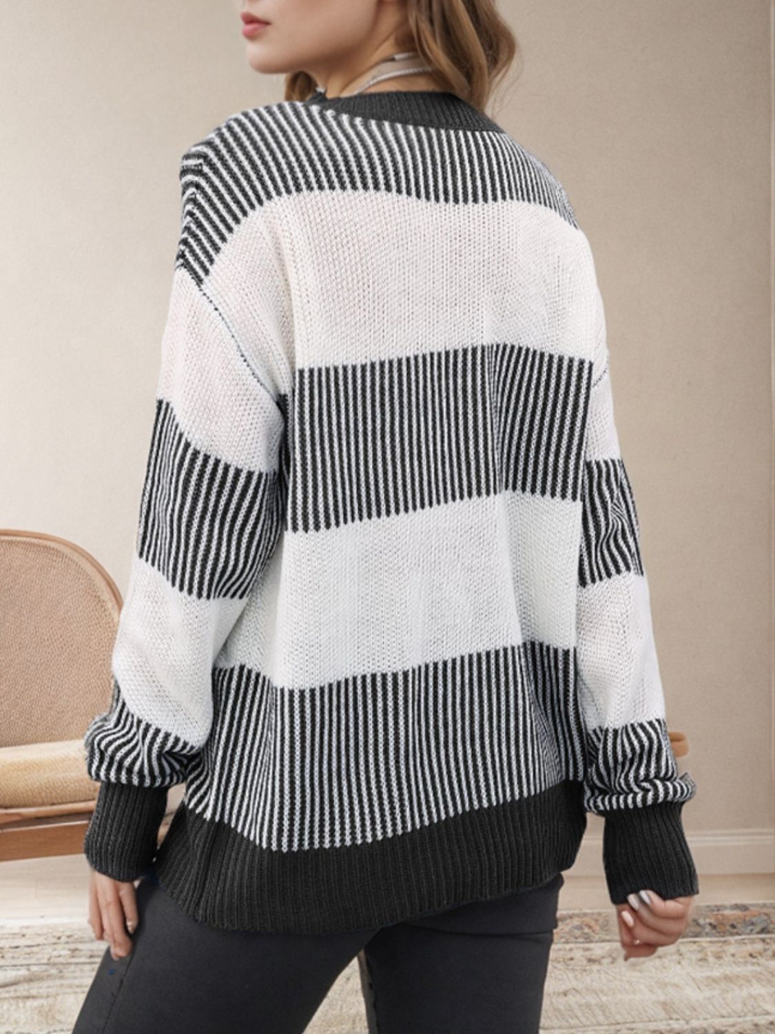 Blue Zone Planet | Striped Round Neck Long Sleeve Sweater-TOPS / DRESSES-[Adult]-[Female]-2022 Online Blue Zone Planet