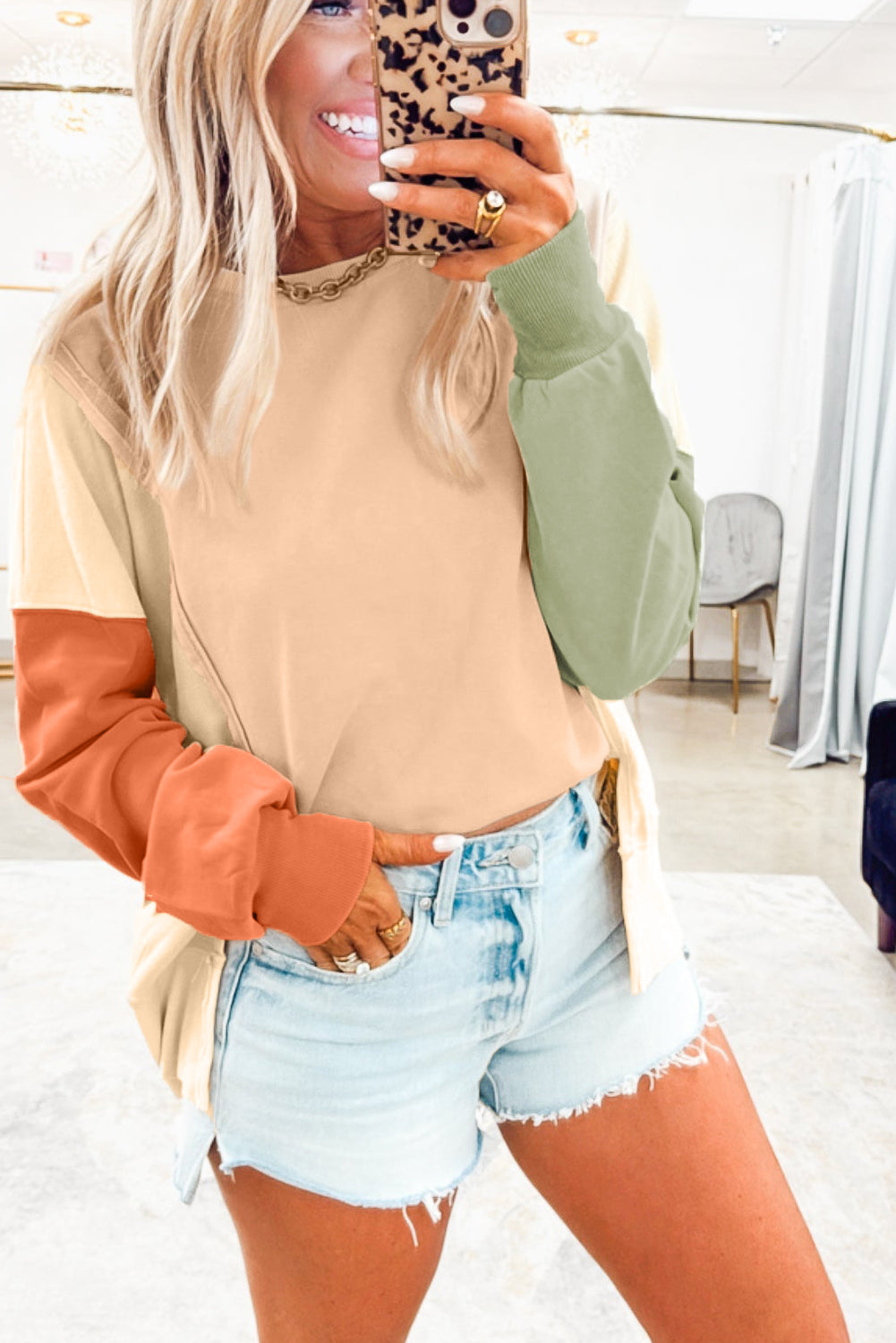 Beige Color Block Patchwork Split Hem Casual Sweatshirt-Tops/Sweatshirts & Hoodies-[Adult]-[Female]-2022 Online Blue Zone Planet