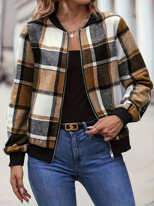 Plus Size Plaid Baseball Collar Zip Up Jacket-TOPS / DRESSES-[Adult]-[Female]-Caramel-1XL-2022 Online Blue Zone Planet