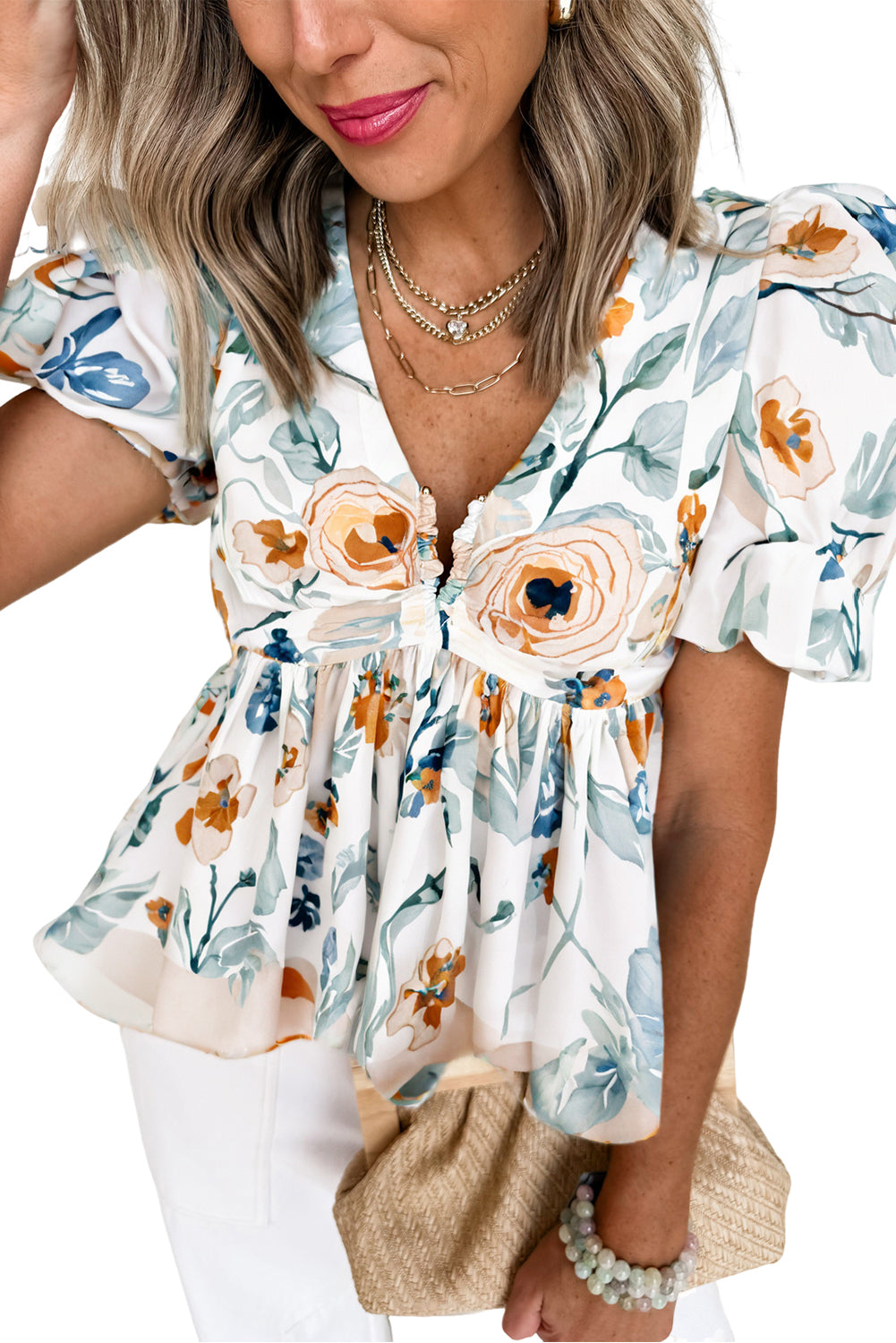 Green Floral Print Puff Sleeve V Neck Babydoll Blouse-Tops/Blouses & Shirts-[Adult]-[Female]-2022 Online Blue Zone Planet