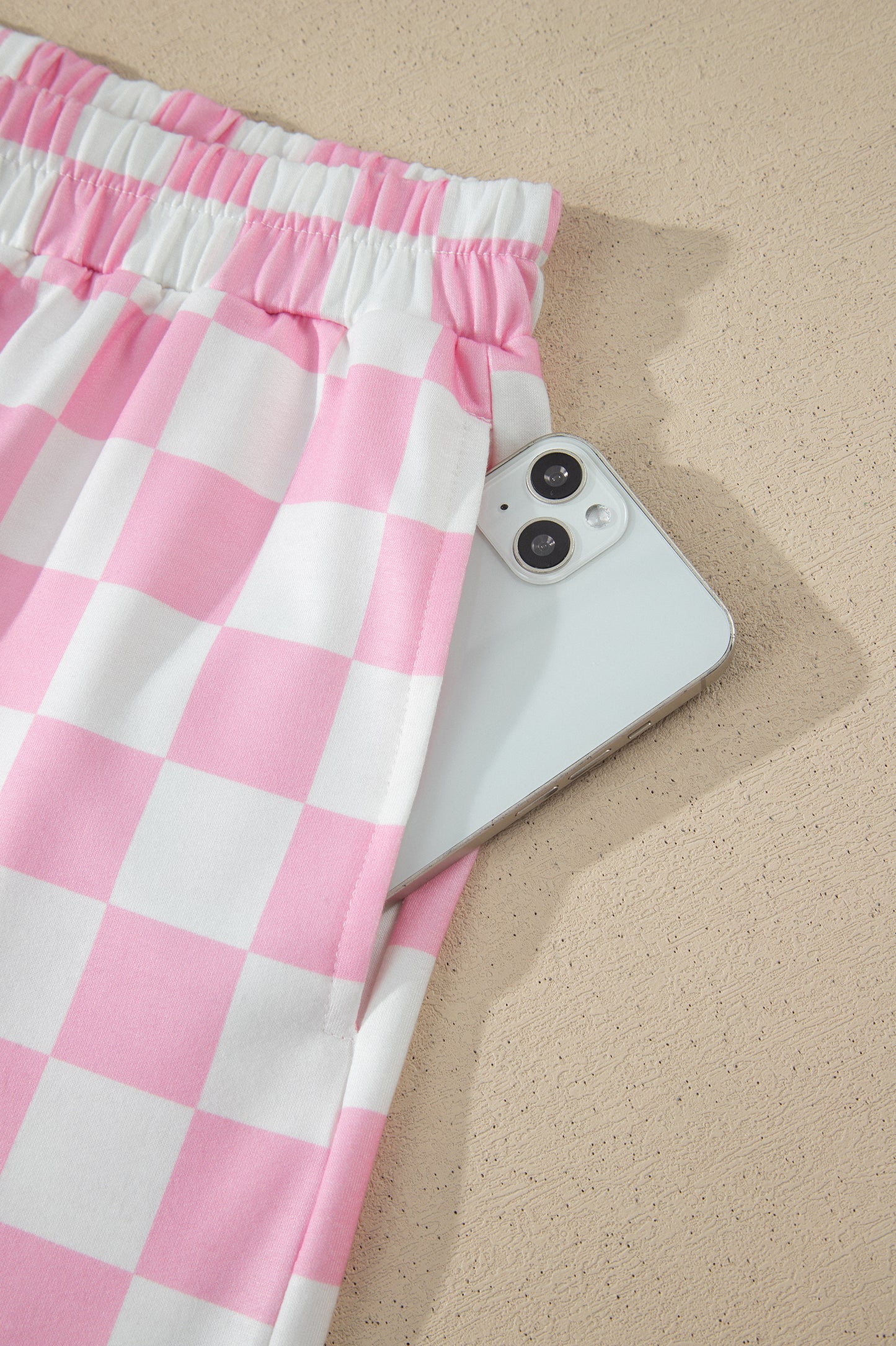 Pink Checkered Print Color Block Trim Mock Neck Short Set-Two Piece Sets/Short Sets-[Adult]-[Female]-2022 Online Blue Zone Planet