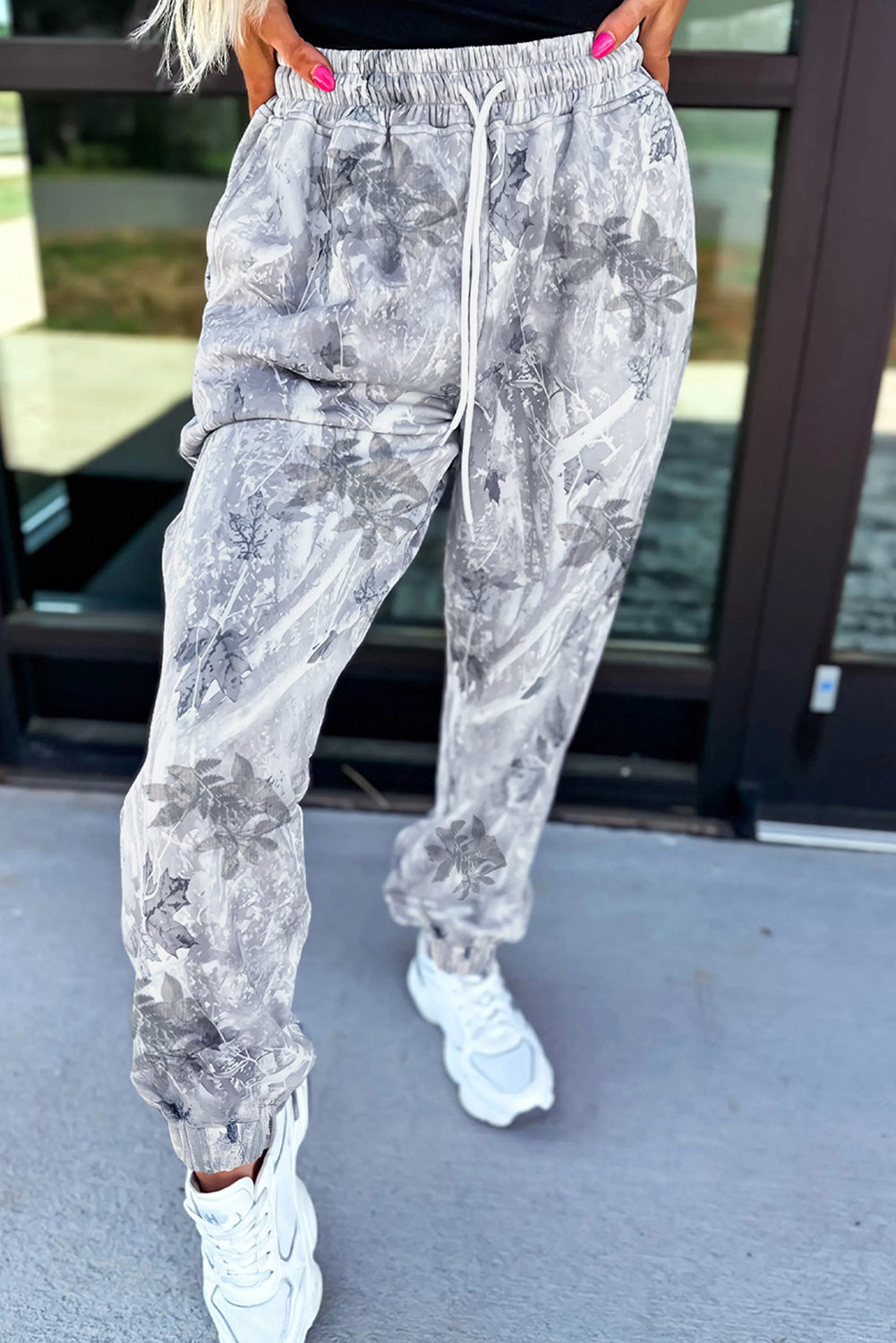 Gray Camo Print Cozy Drawstring Elastic Waist Jogger Pants-Bottoms/Pants & Culotte-[Adult]-[Female]-2022 Online Blue Zone Planet