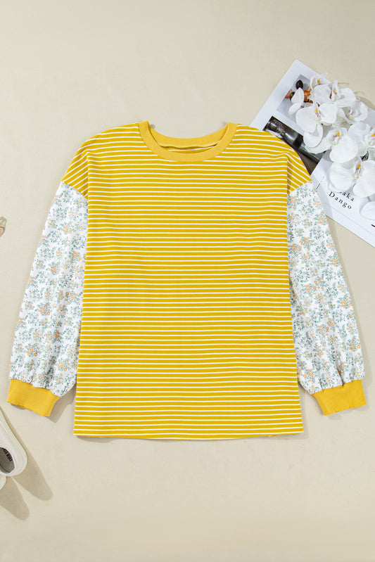 Yellow Stripe Striped Contrast Floral Sleeve Patchwork Plus Size Loose Top-Plus Size/Plus Size Tops/Plus Size Long Sleeve Tops-[Adult]-[Female]-2022 Online Blue Zone Planet