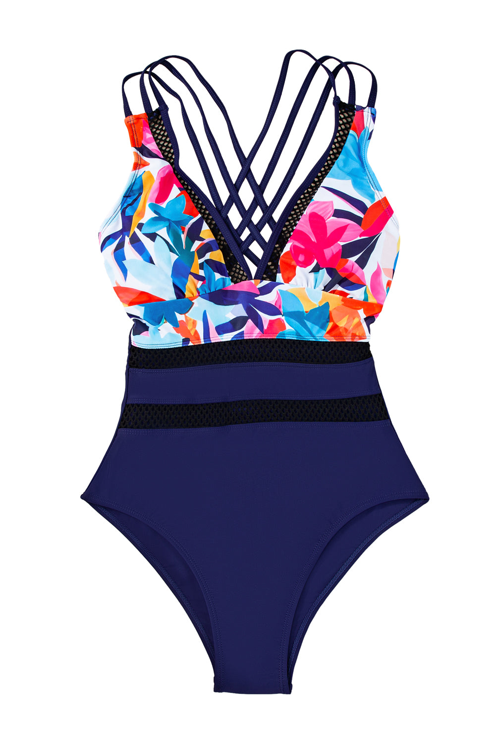 Blue Floral Leopard Splicing Color Block Mesh One Piece Swimsuit-One-Piece-[Adult]-[Female]-2022 Online Blue Zone Planet