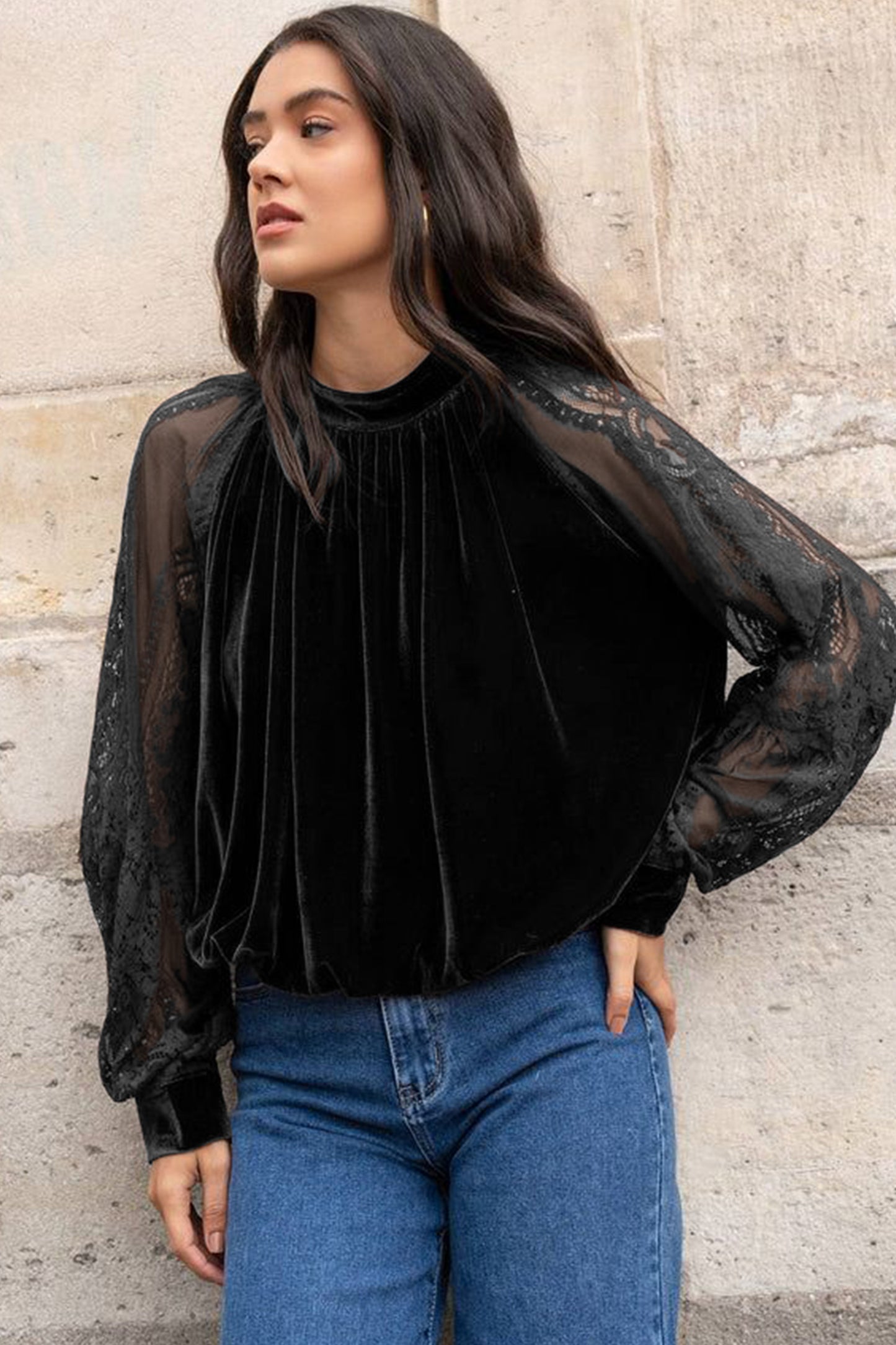 Color Black Solid Color Sheer Lace Long Sleeve Patchwork Stand Neck Velvet Blouse-Tops/Blouses & Shirts-[Adult]-[Female]-2022 Online Blue Zone Planet