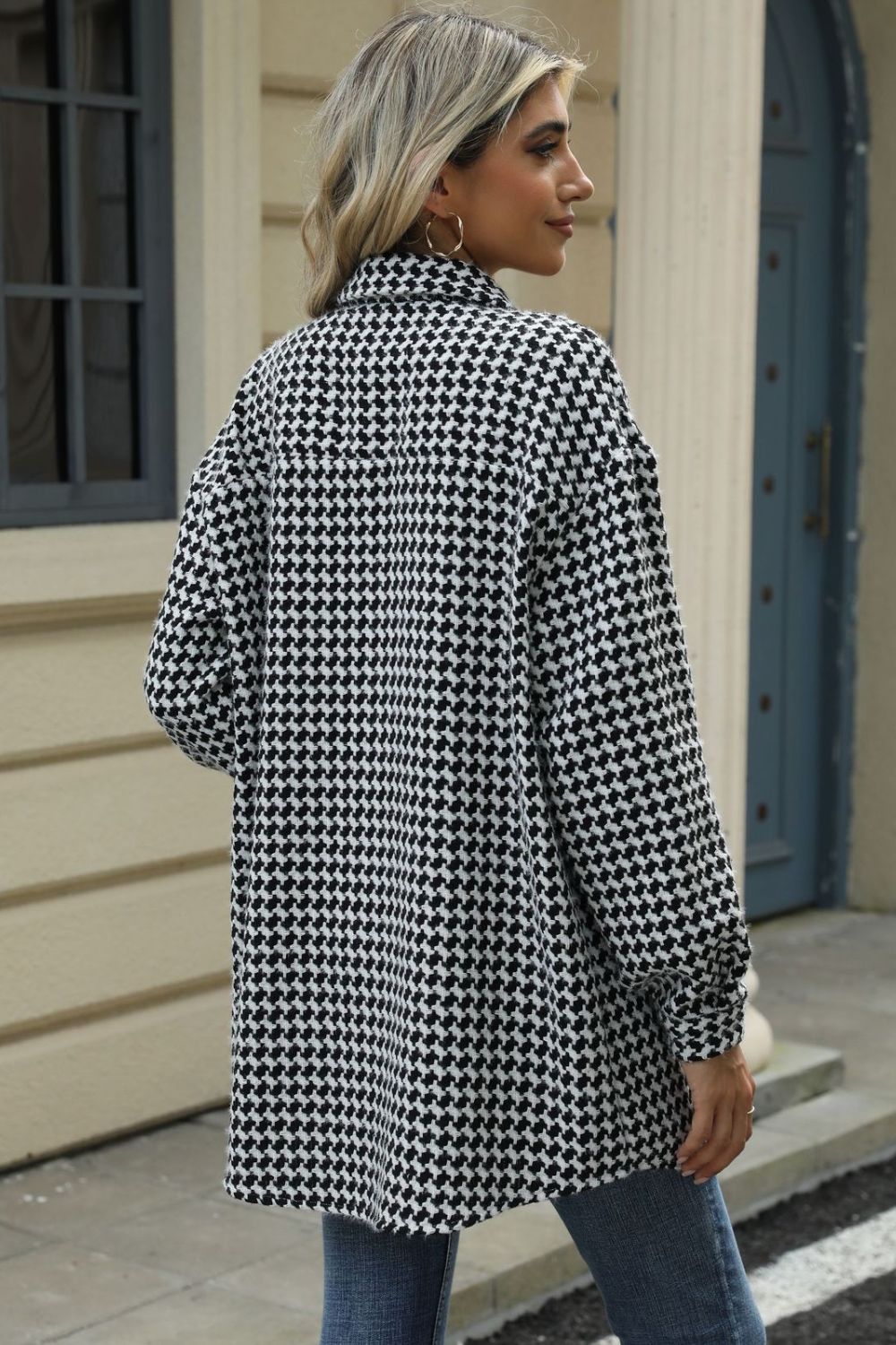 Houndstooth Button Up Dropped Shoulder Coat-TOPS / DRESSES-[Adult]-[Female]-2022 Online Blue Zone Planet