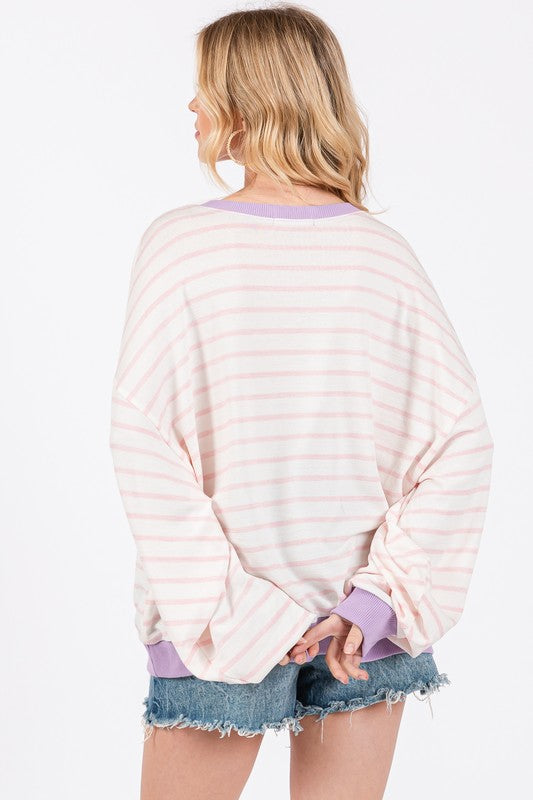Ces Femme Striped Round Neck Drop Shoulder Sweatshirt-TOPS / DRESSES-[Adult]-[Female]-2022 Online Blue Zone Planet