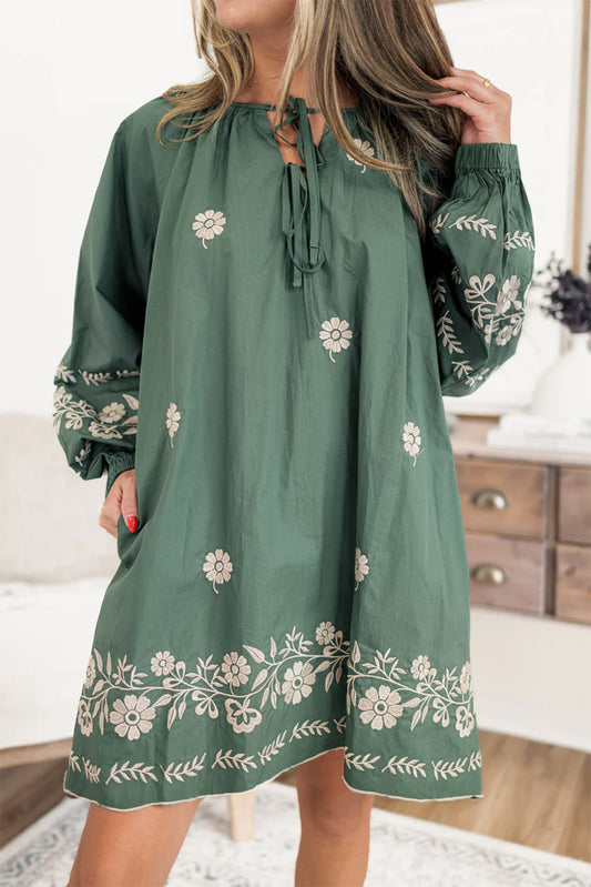 Blue Zone Planet | Mist Green Tie Neck Boho Floral Pattern Puff Sleeve Shift Dress-TOPS / DRESSES-[Adult]-[Female]-Mist Green-S-2022 Online Blue Zone Planet