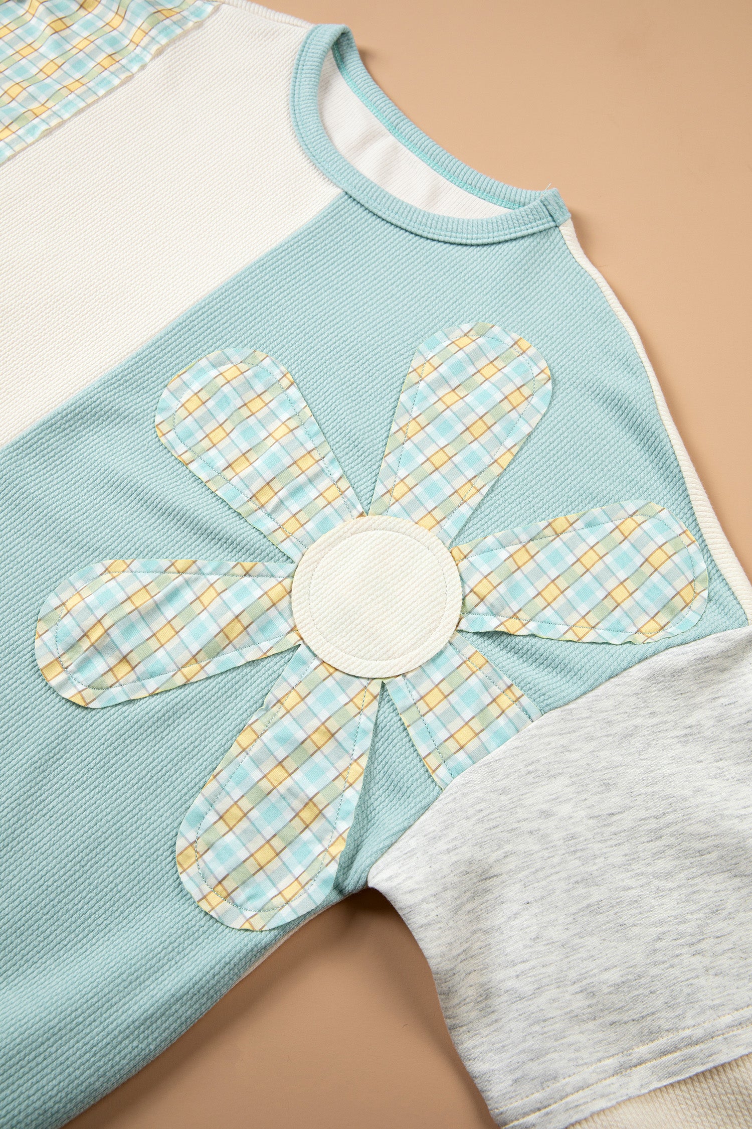 Light Blue Plaid Patchwork Round Neck Long Sleeve Top-Tops/Long Sleeve Tops-[Adult]-[Female]-2022 Online Blue Zone Planet