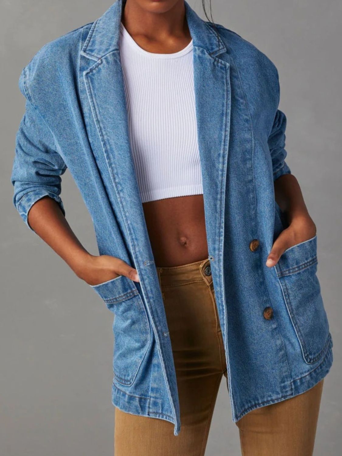 Blue Zone Planet | Pocketed Lapel Collar Long Sleeve Denim Jacket-TOPS / DRESSES-[Adult]-[Female]-2022 Online Blue Zone Planet