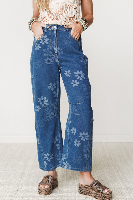 Blue Floral Print Ankle Length Casual Pocket Jeans-Bottoms/Jeans-[Adult]-[Female]-Blue-4-2022 Online Blue Zone Planet