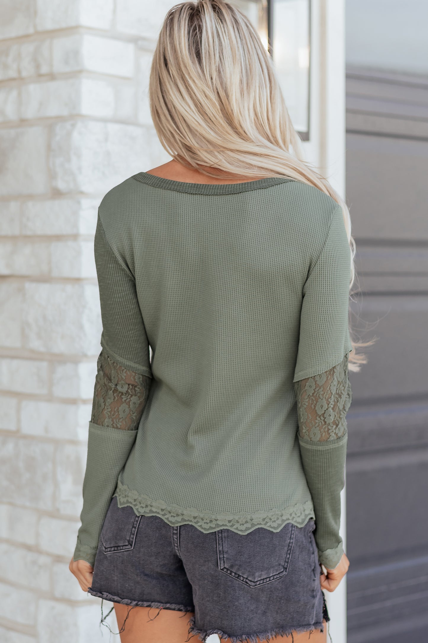 Sage Green Solid Color Waffle Ribbed Lace Patchwork Long Sleeve Top-Tops/Long Sleeve Tops-[Adult]-[Female]-2022 Online Blue Zone Planet