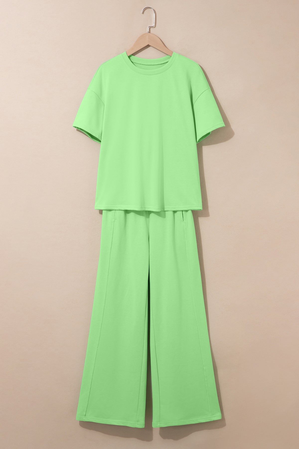 Green Solid Cover Oversize Tee Pocketed Casual Pants 2pcs Outfit-Two Piece Sets/Pant Sets-[Adult]-[Female]-2022 Online Blue Zone Planet