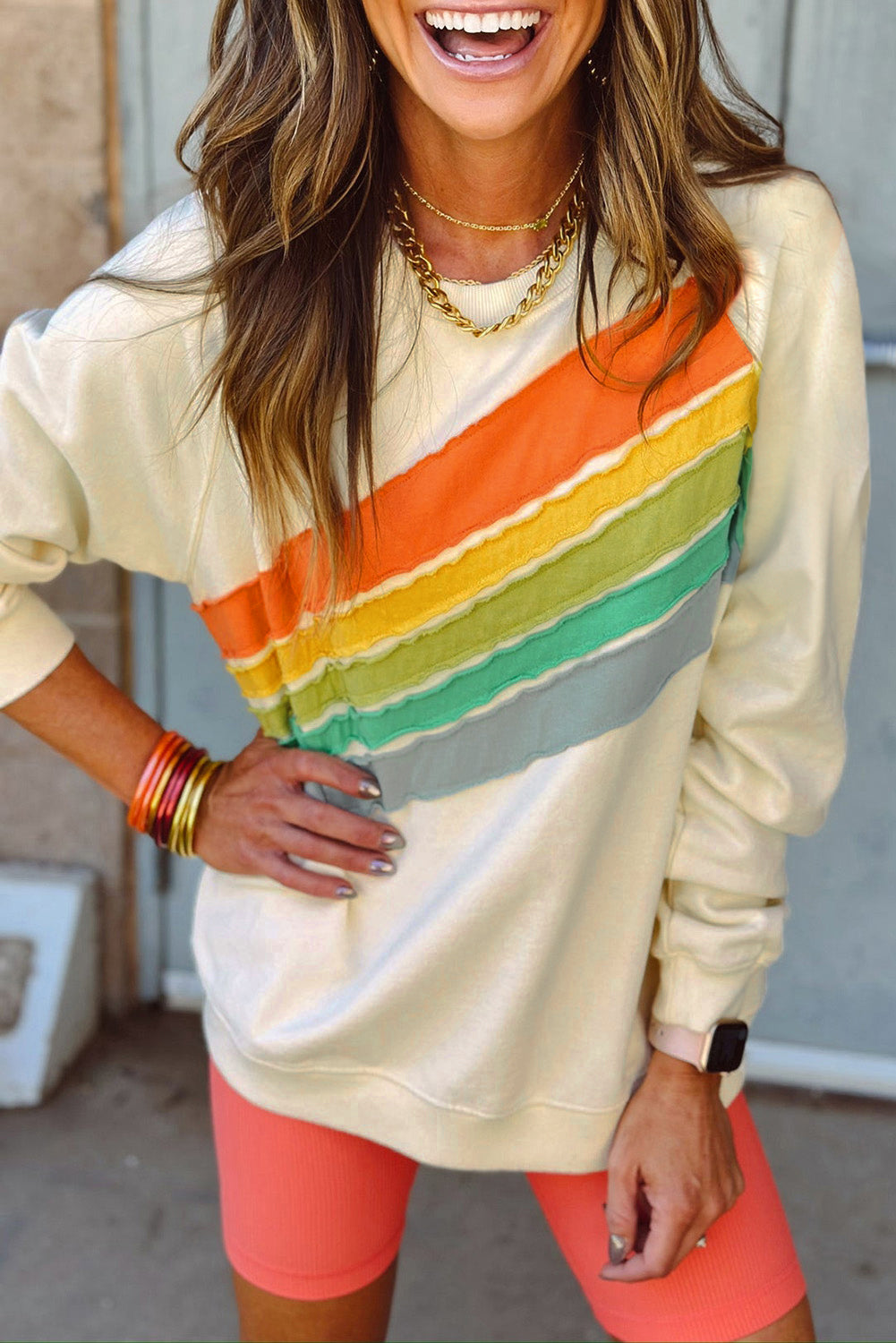 Black Rainbow Colorblock Striped Pullover Sweatshirt-Tops/Sweatshirts & Hoodies-[Adult]-[Female]-Apricot-S-2022 Online Blue Zone Planet