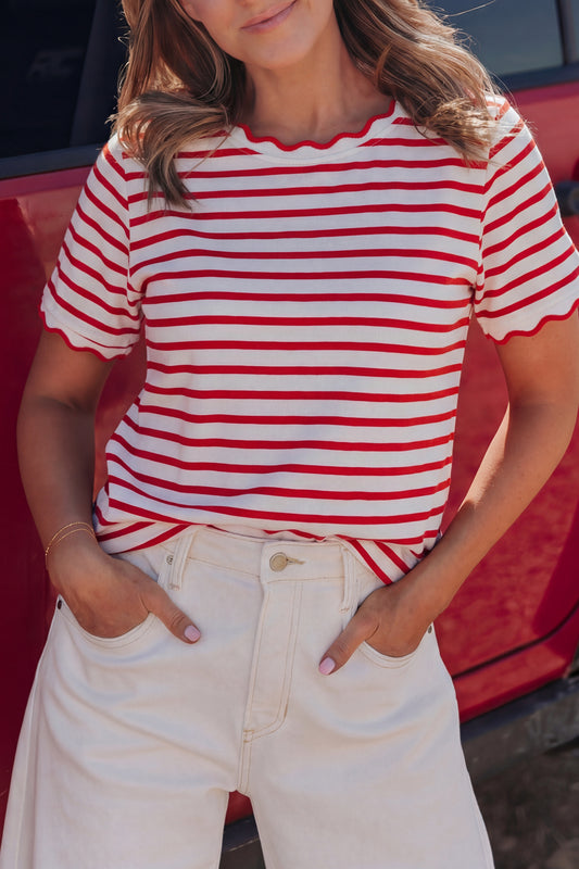 Red Stripe Scalloped Trim Round Neck T Shirt-Tops/Tops & Tees-[Adult]-[Female]-2022 Online Blue Zone Planet