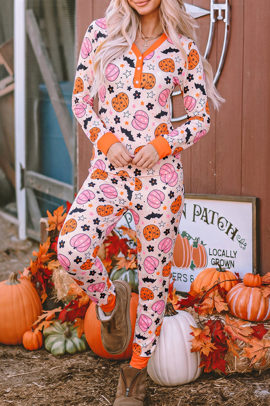 Pink Halloween Pumpkin Print Long Sleeve Home Wear Lounge Set-Loungewear & Sleepwear/Loungewear-[Adult]-[Female]-Pink-S-2022 Online Blue Zone Planet
