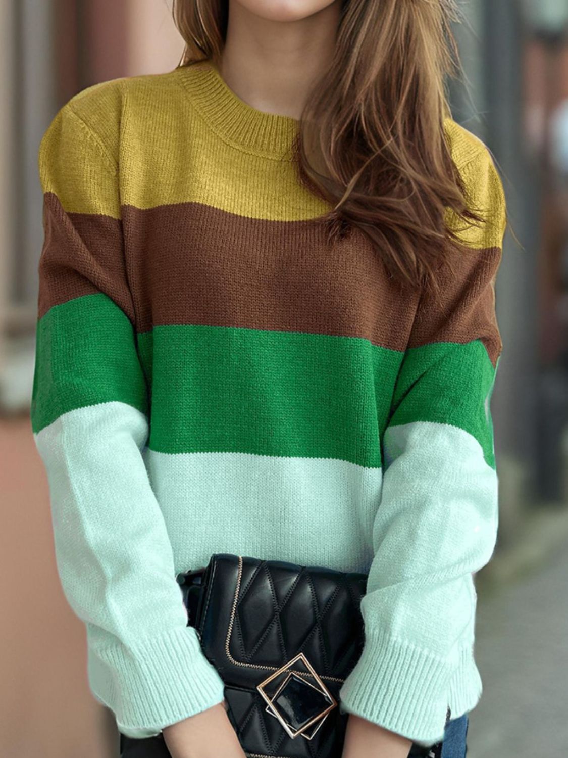 Blue Zone Planet | Color Block Round Neck Long Sleeve Sweater-TOPS / DRESSES-[Adult]-[Female]-2022 Online Blue Zone Planet