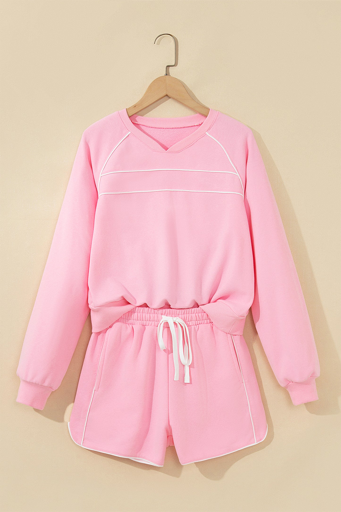 Pink Piping Trim Long Sporty Pullover Drawstring Elastic Waist Shorts Set-Two Piece Sets/Short Sets-[Adult]-[Female]-2022 Online Blue Zone Planet