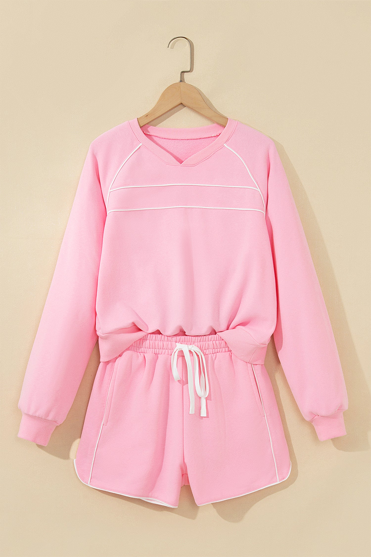 Pink Piping Trim Long Sporty Pullover Drawstring Elastic Waist Shorts Set-Two Piece Sets/Short Sets-[Adult]-[Female]-2022 Online Blue Zone Planet