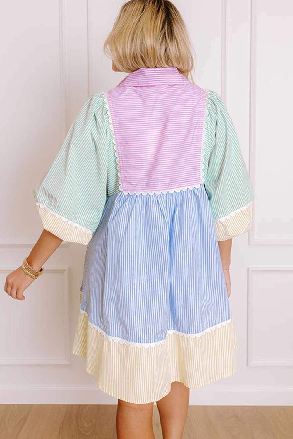 Multicolour Striped Patchwork Ric Rac Puff Sleeve Collared Mini Dress-TOPS / DRESSES-[Adult]-[Female]-2022 Online Blue Zone Planet