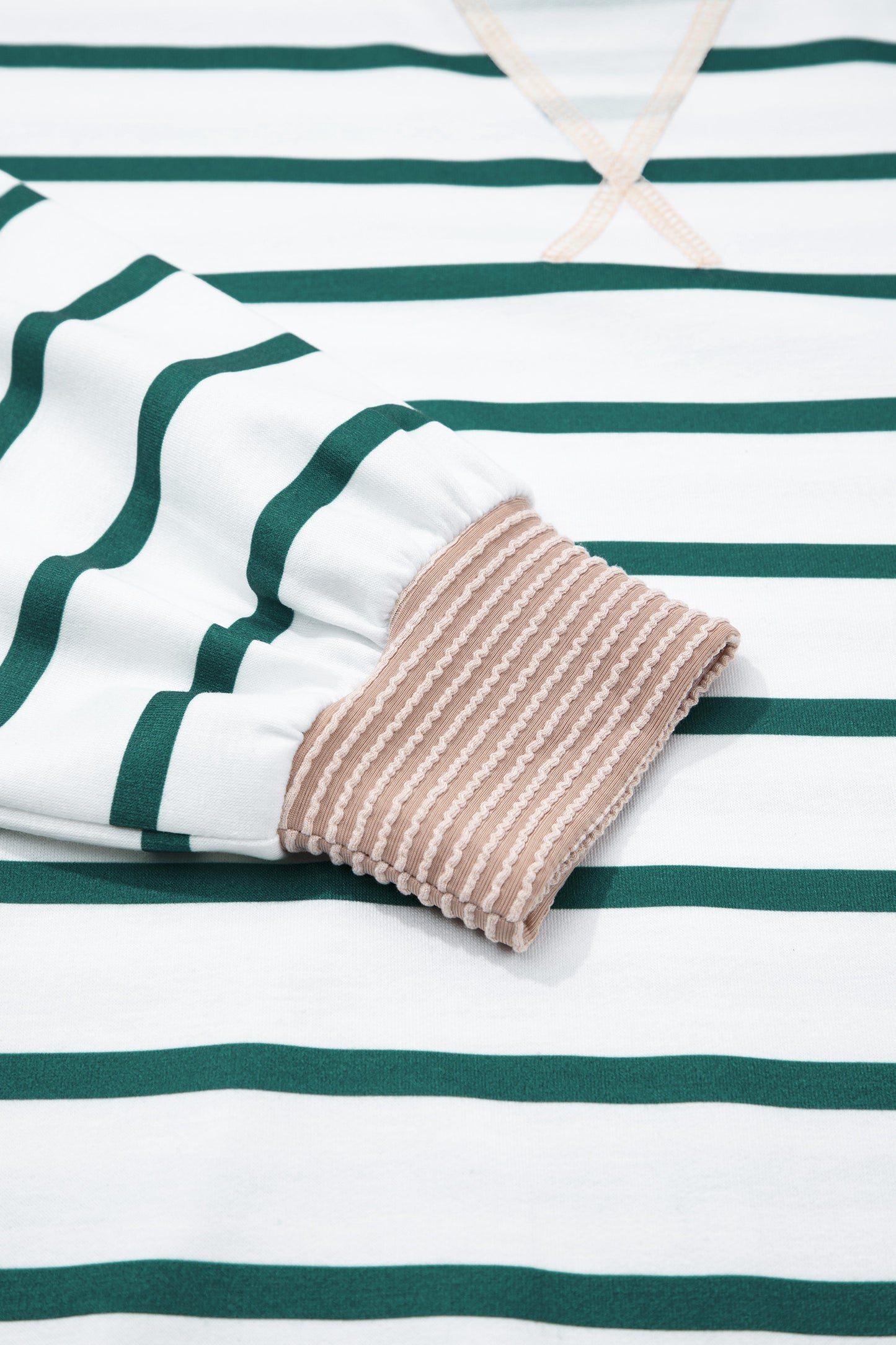 White Stripe Twisted Ribbed Patchwork Drop Shoulder Round Neck Sweatshirt-Tops/Sweatshirts & Hoodies-[Adult]-[Female]-2022 Online Blue Zone Planet