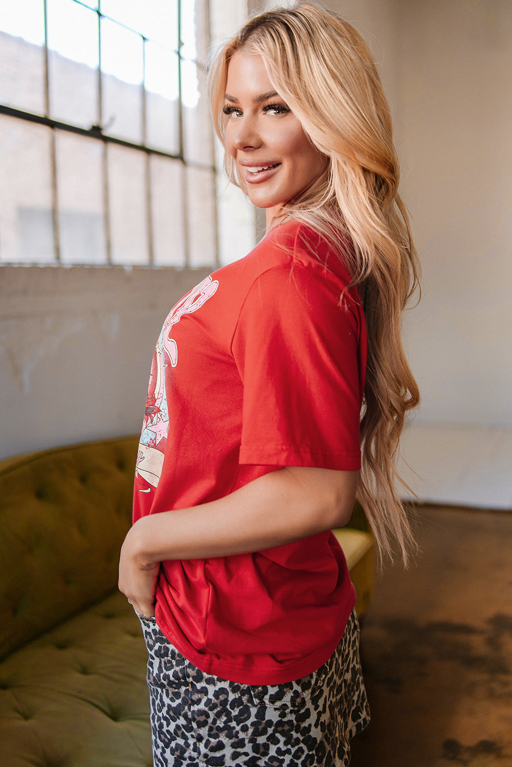 Tomato Red COWBOY Take Me Away Graphic Western Loose Tee-Graphic/Graphic Tees-[Adult]-[Female]-2022 Online Blue Zone Planet