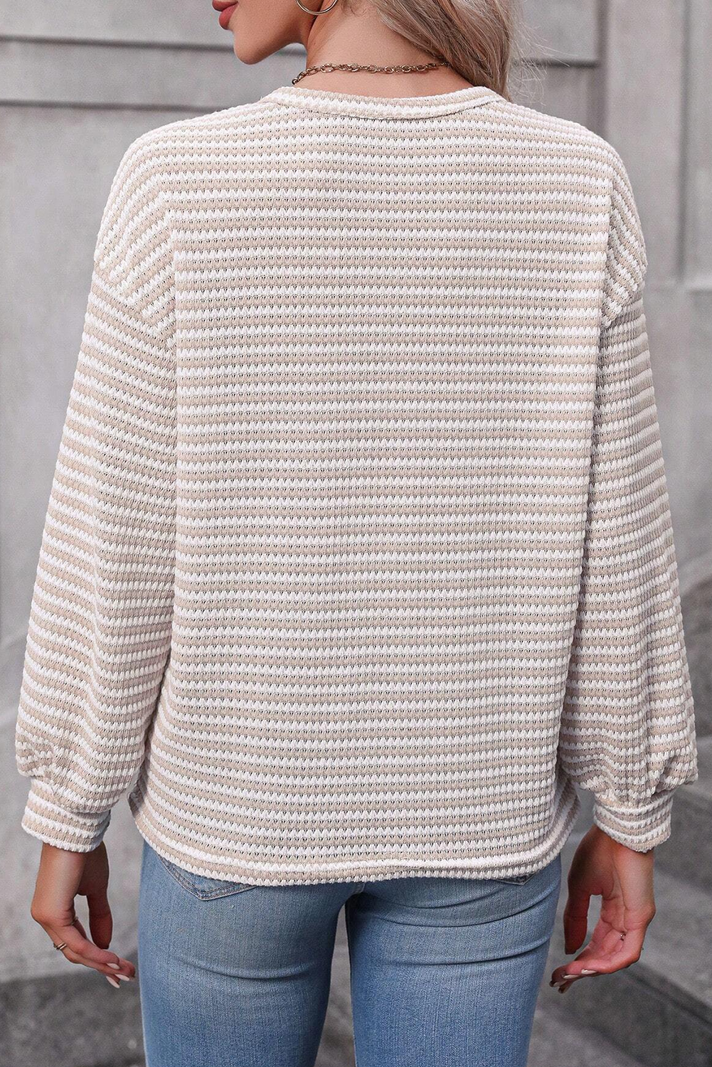 Rose Stripe Round Neck Drop Shoulder Long Sleeve Top-Tops/Long Sleeve Tops-[Adult]-[Female]-2022 Online Blue Zone Planet