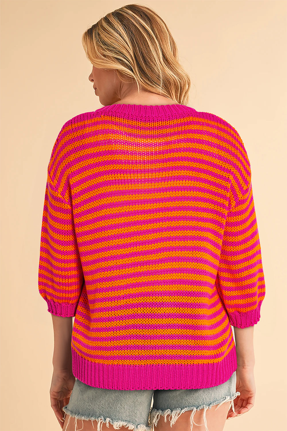 Blue Zone Planet | Rose Stripe 3/4 Puff Sleeve Drop Shoulder Sweater-Sweaters & Cardigans/Sweaters-[Adult]-[Female]-2022 Online Blue Zone Planet