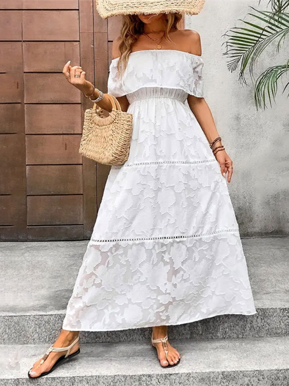 Off-Shoulder Short Sleeve Maxi Dress-TOPS / DRESSES-[Adult]-[Female]-2022 Online Blue Zone Planet