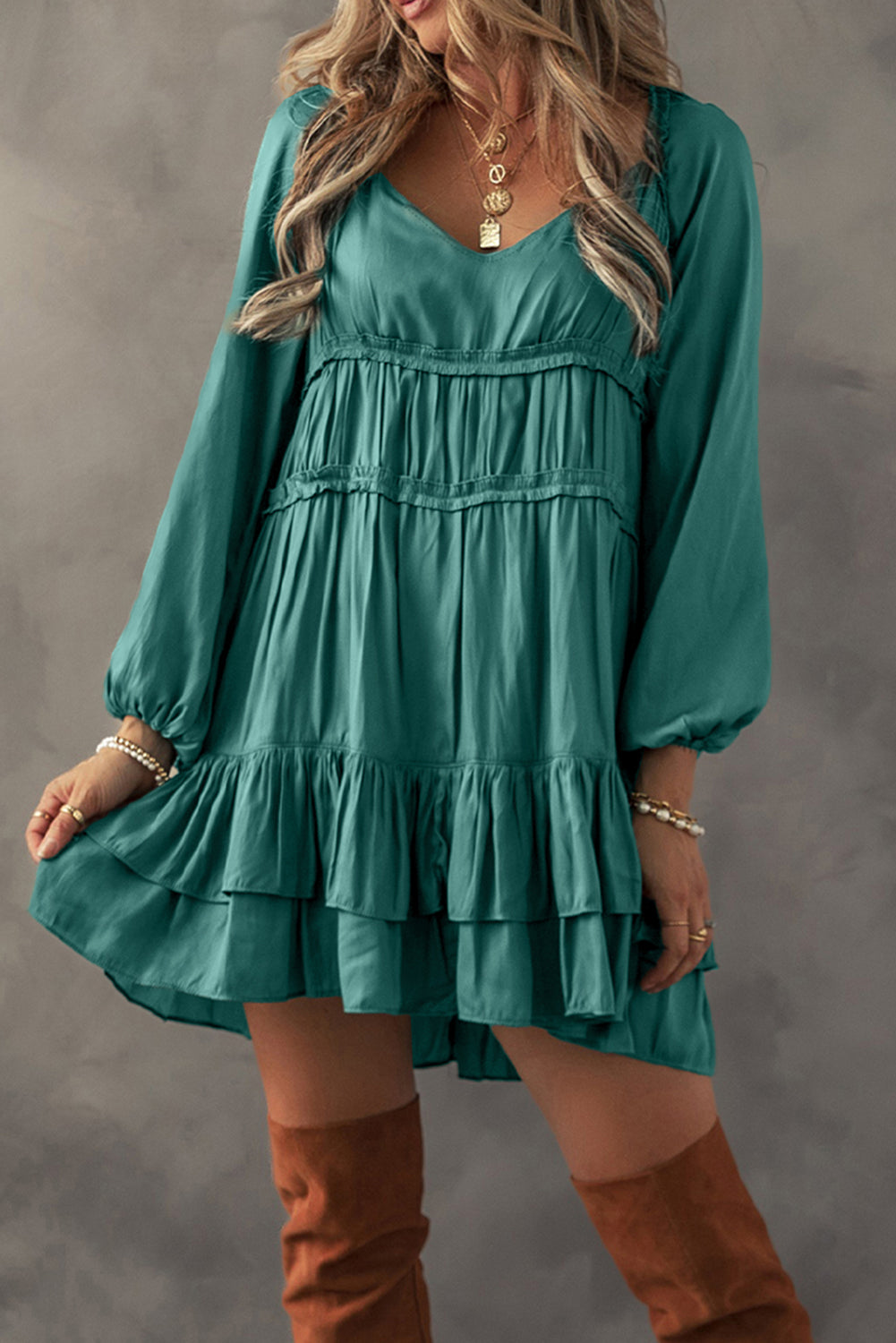 Mist Green Puff Sleeve Loose Fit Tiered Ruffle Mini Dress-Short Dresses-[Adult]-[Female]-2022 Online Blue Zone Planet