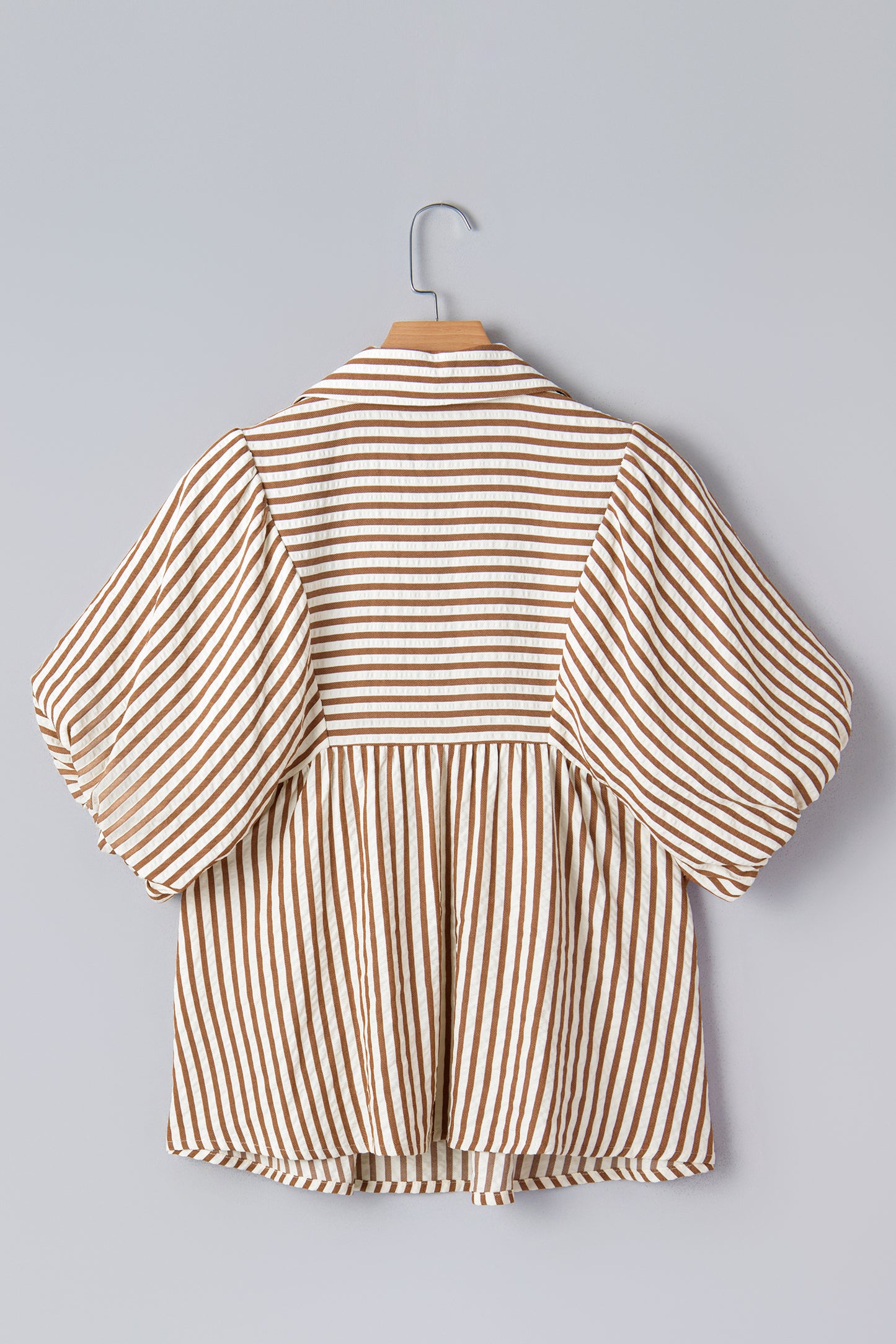 Brown Stripe Shirred V Neck Short Puff Sleeve Blouse-Tops/Blouses & Shirts-[Adult]-[Female]-2022 Online Blue Zone Planet