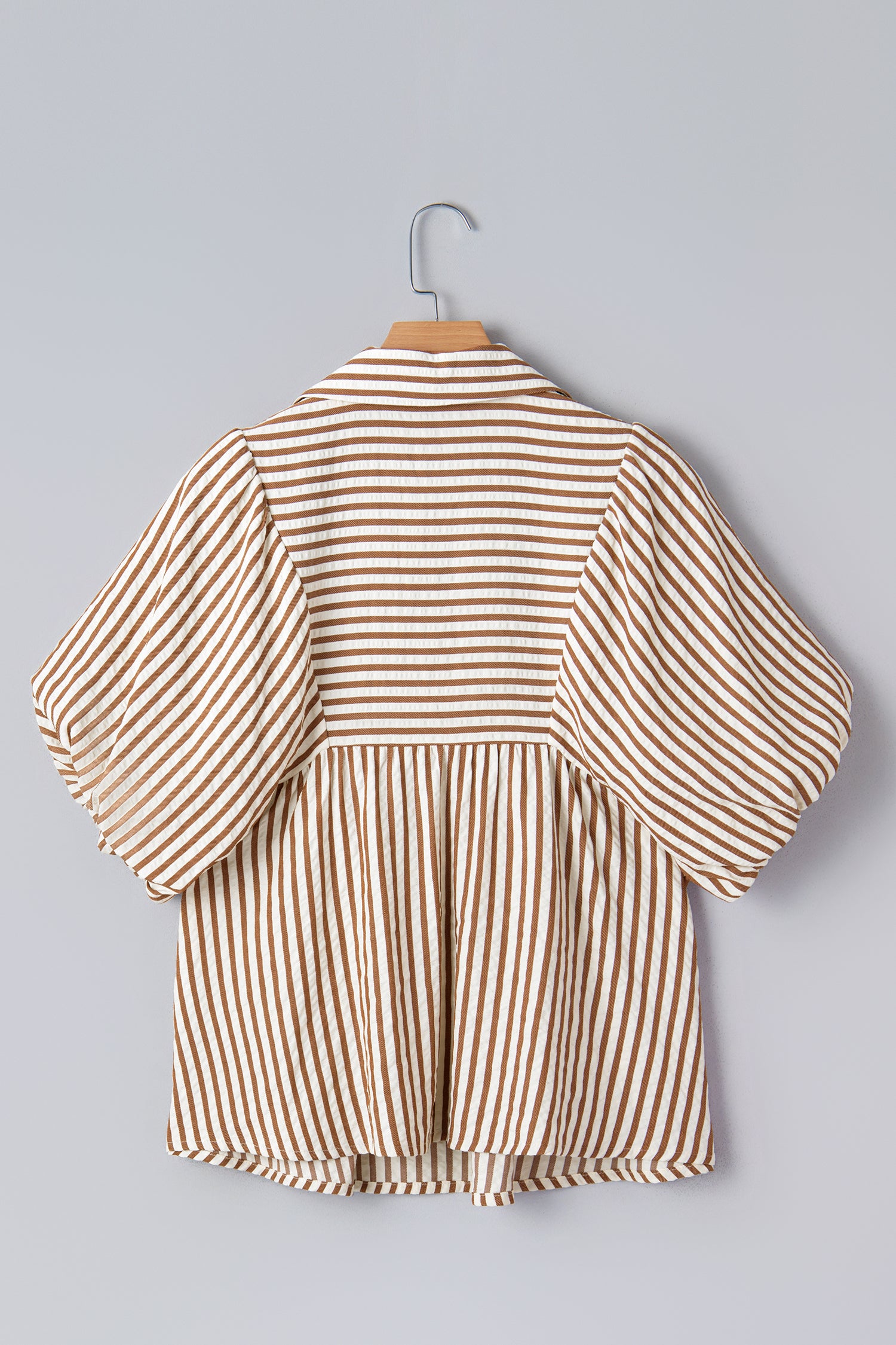 Brown Stripe Shirred V Neck Short Puff Sleeve Blouse-Tops/Blouses & Shirts-[Adult]-[Female]-2022 Online Blue Zone Planet