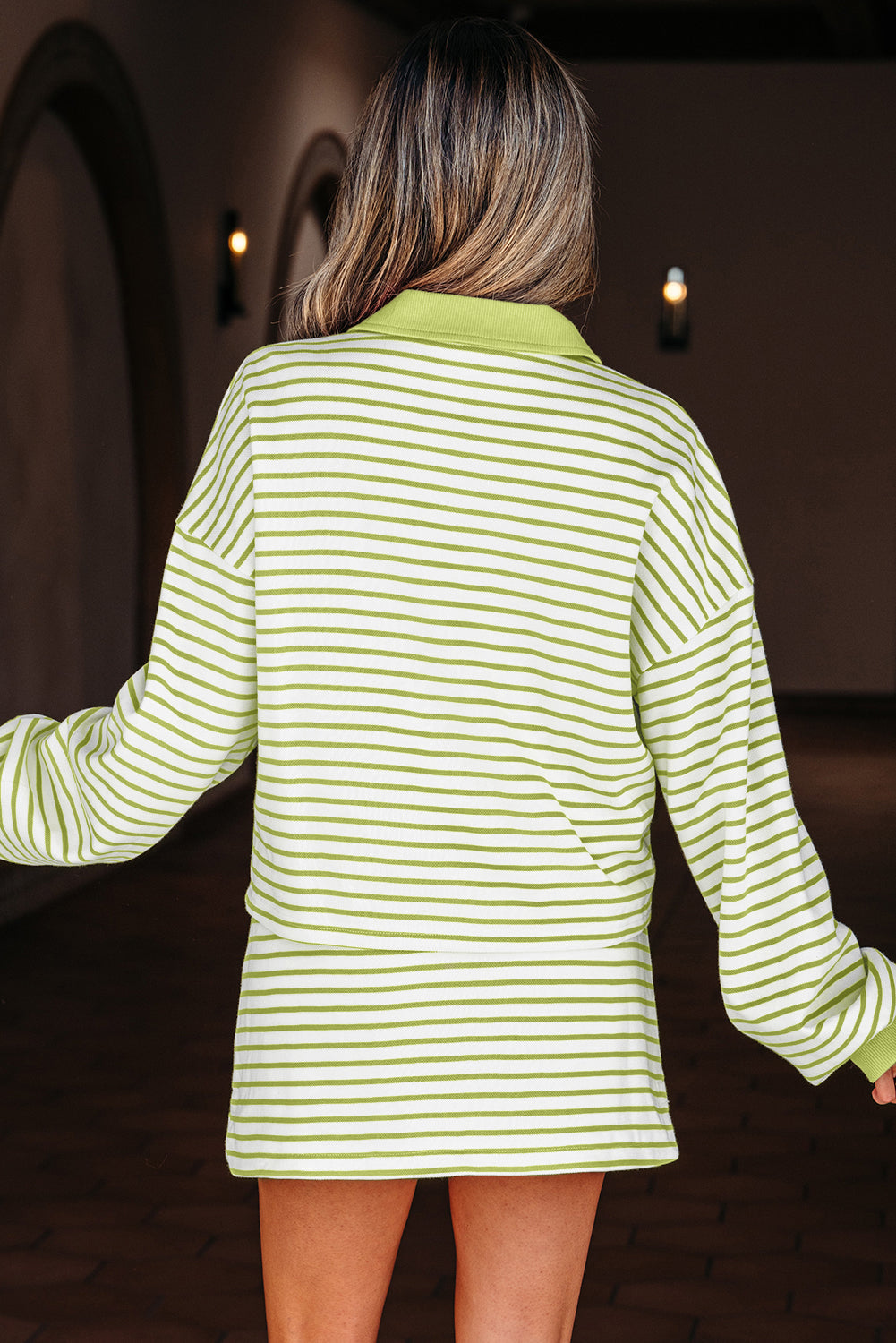 Green Stripe Collared V Neck Drop Shoulder Pullover and Skort 2pcs Outfit-Two Piece Sets/Two Piece Dresses-[Adult]-[Female]-2022 Online Blue Zone Planet