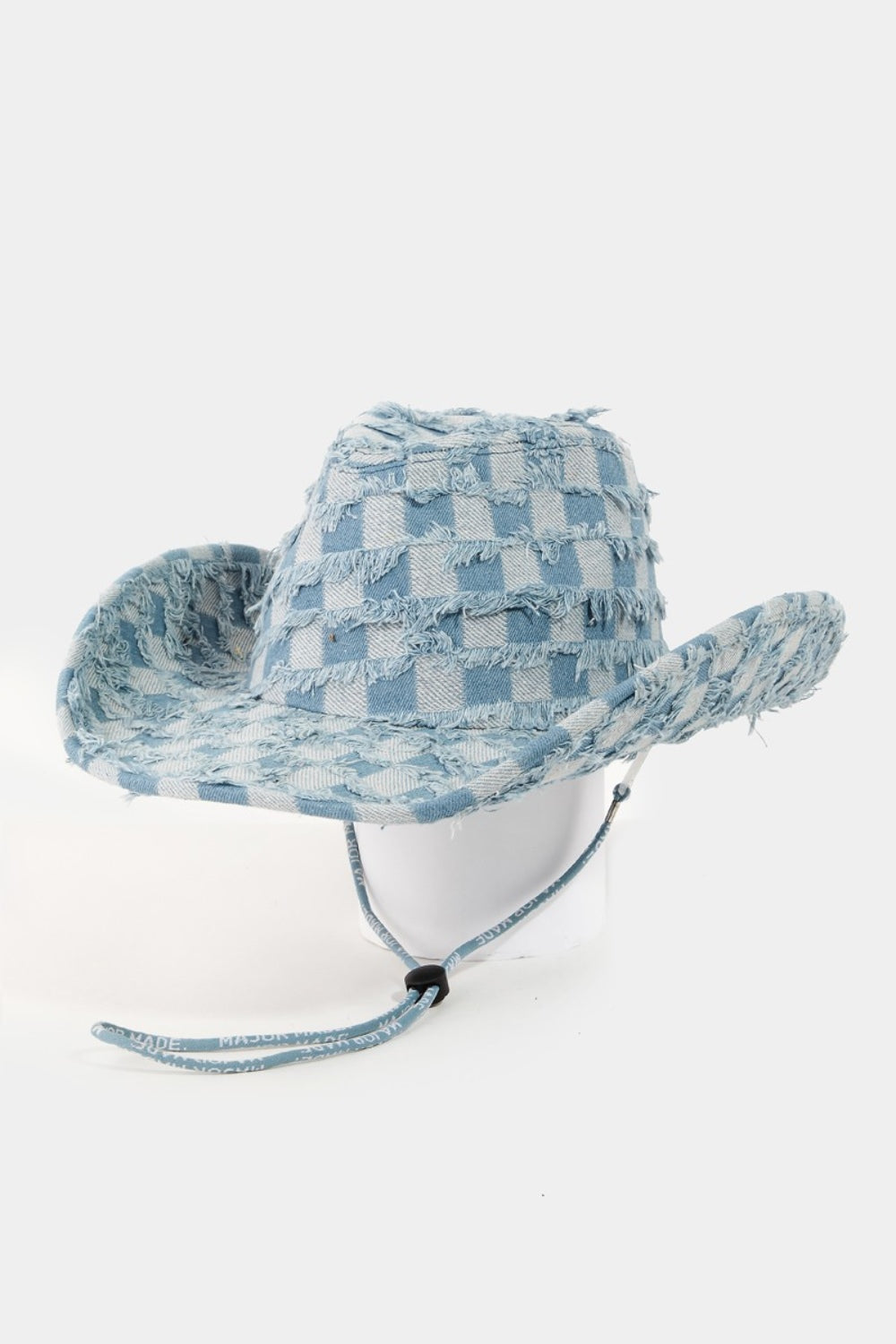 Fame Checkered Fringe Denim Cowboy Hat-HATS-[Adult]-[Female]-Blue-One Size-2022 Online Blue Zone Planet