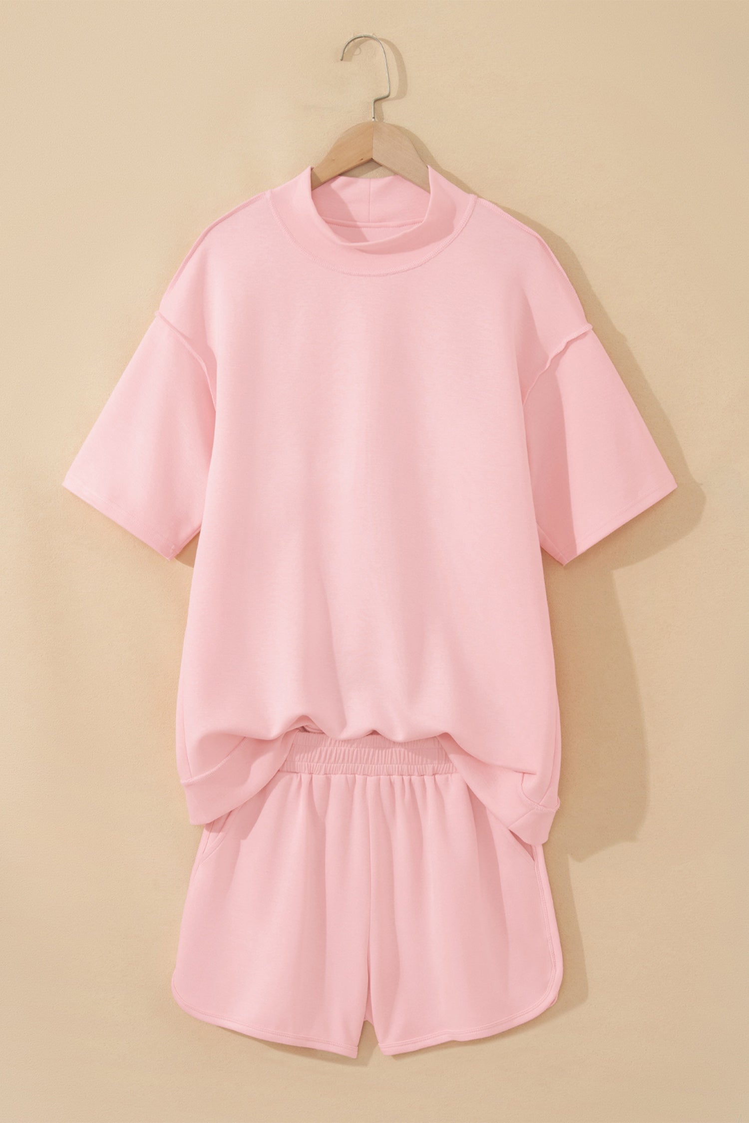 Light Pink Solid Color Exposed Seam Mock Neck Oversize Tee Casual Shorts 2pcs Outfit-Two Piece Sets/Short Sets-[Adult]-[Female]-2022 Online Blue Zone Planet