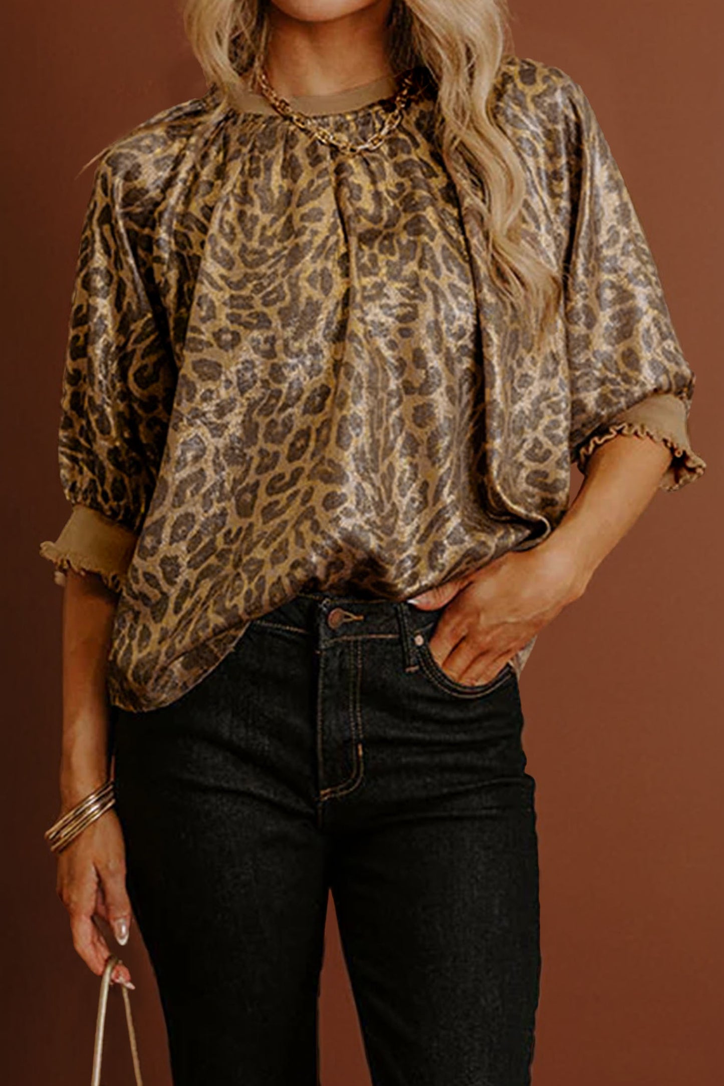 Gold Half Sleeve Metallic Leopard Print Blouse-Tops/Blouses & Shirts-[Adult]-[Female]-2022 Online Blue Zone Planet