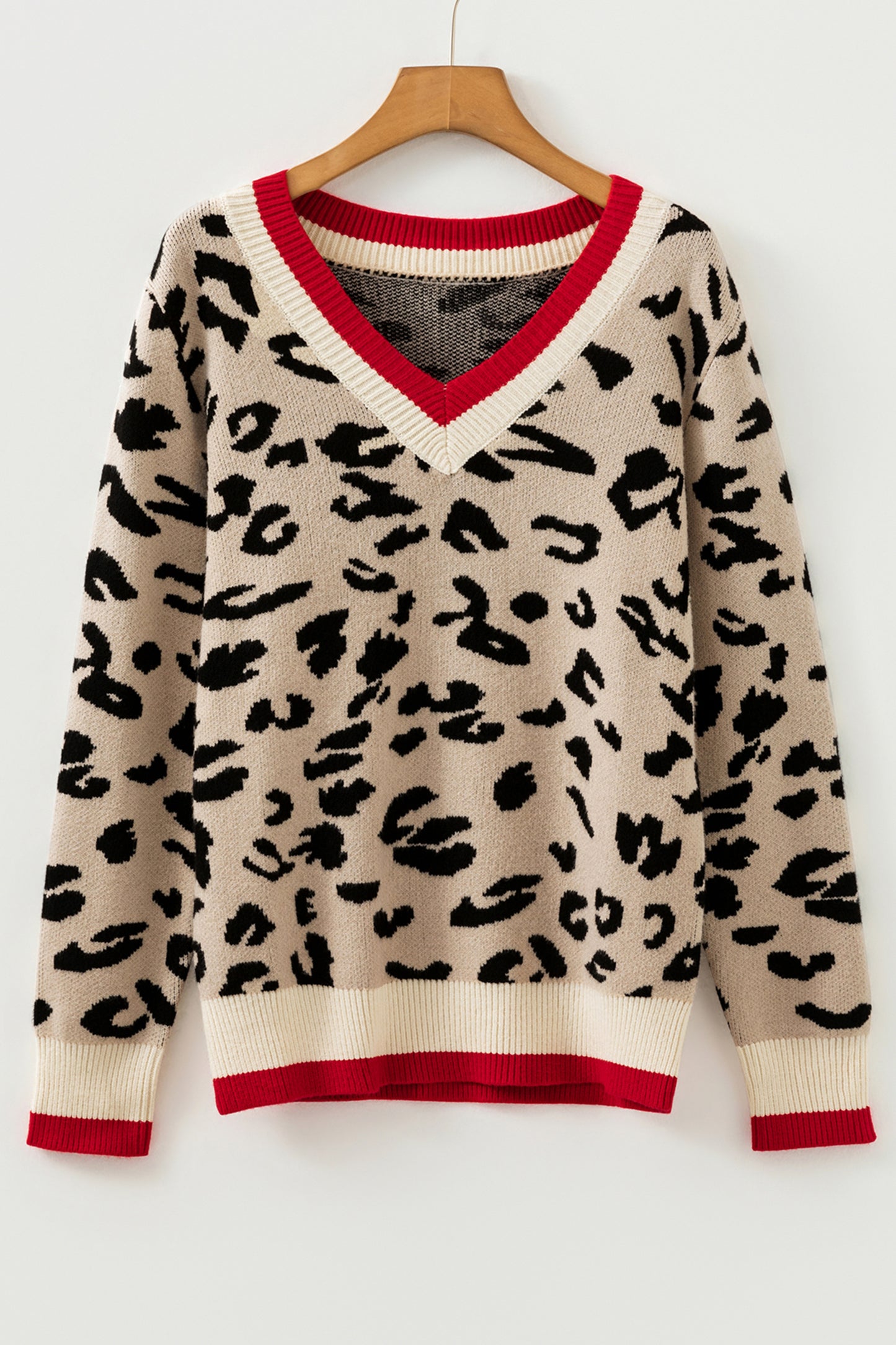 Khaki Leopard Pattern V-Neck Contrast Rib Knitted Sweater-TOPS / DRESSES-[Adult]-[Female]-2022 Online Blue Zone Planet
