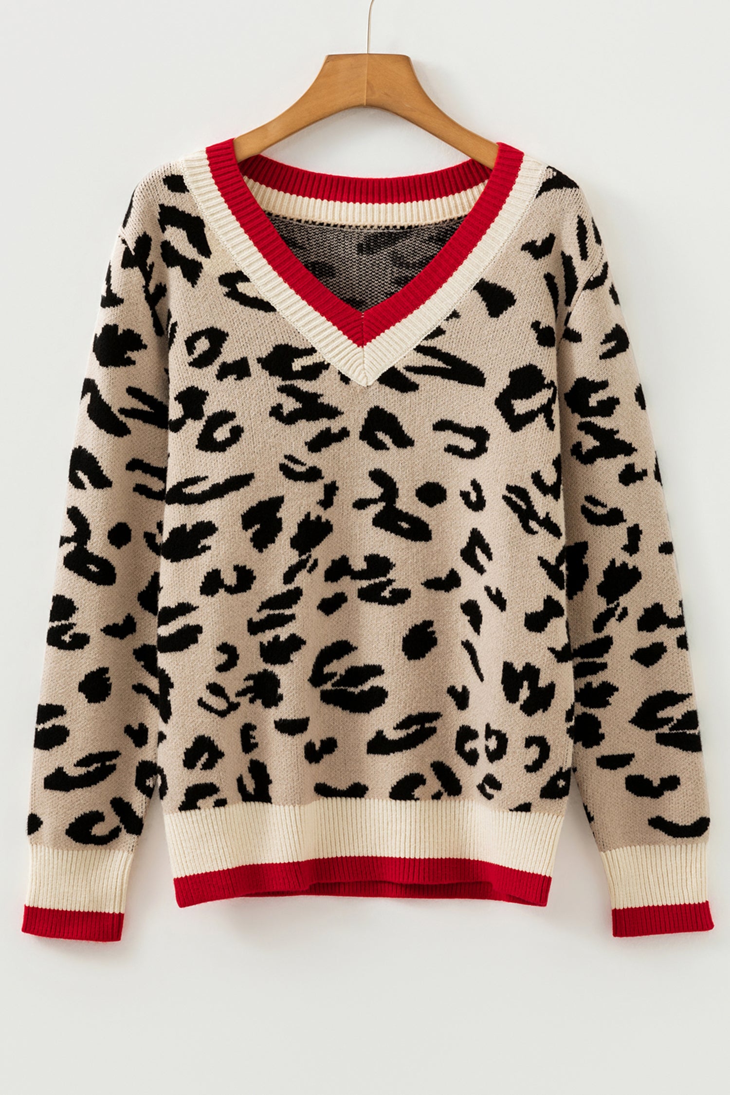 Khaki Leopard Pattern V-Neck Contrast Rib Knitted Sweater-TOPS / DRESSES-[Adult]-[Female]-2022 Online Blue Zone Planet