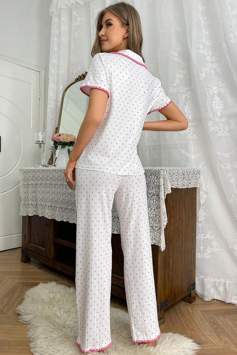 White Heart Print Contrast Trim Shirt and Pants Pajama Set-Loungewear Set-[Adult]-[Female]-2022 Online Blue Zone Planet