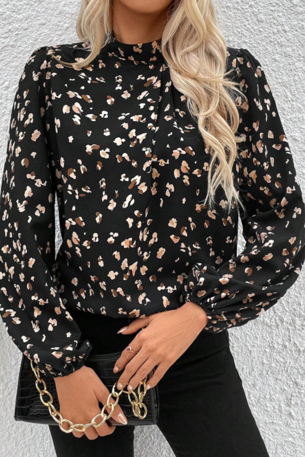 Printed Mock Neck Balloon Sleeve Blouse-TOPS / DRESSES-[Adult]-[Female]-Black-S-2022 Online Blue Zone Planet