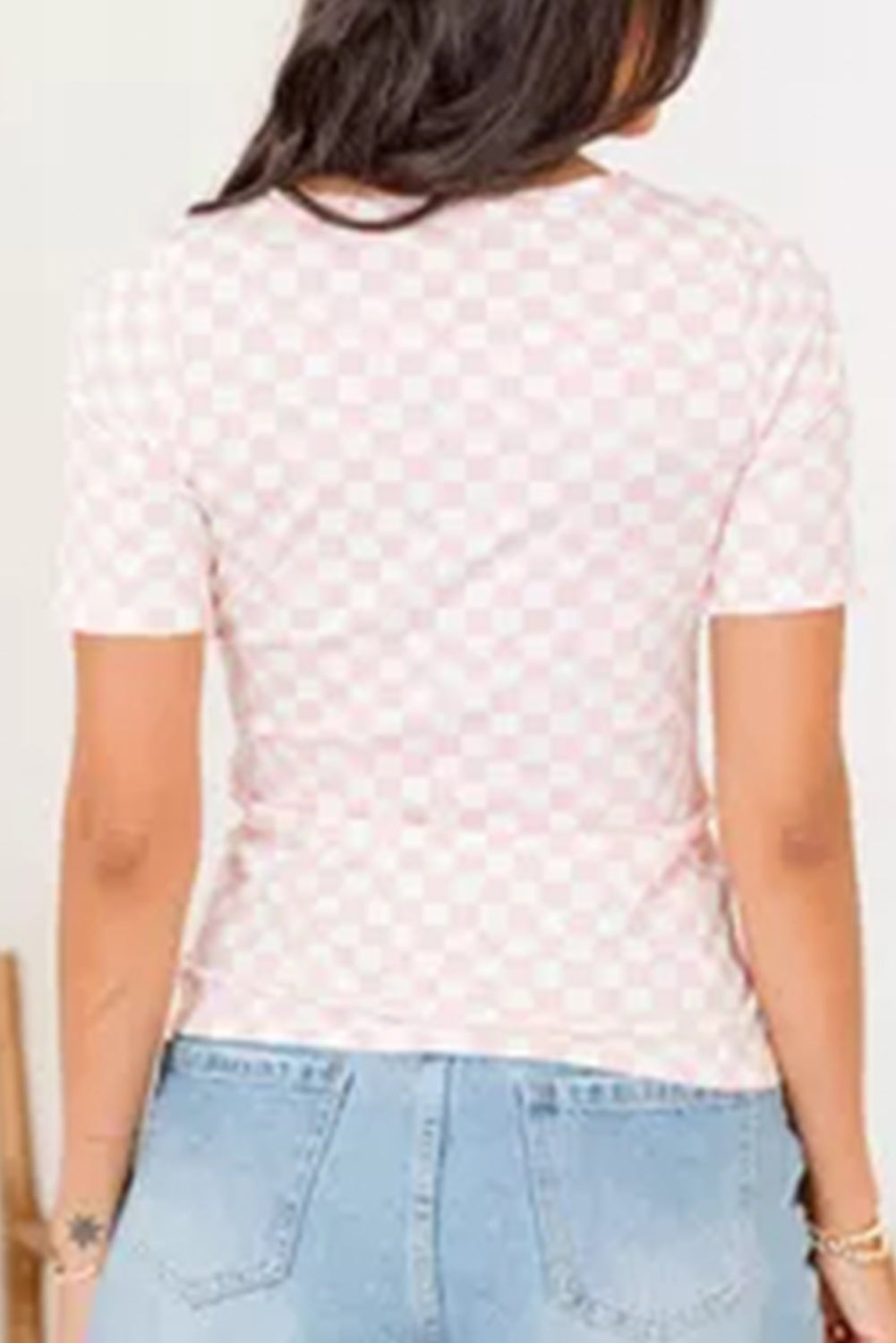 Pink Checkered Ribbed Slim Fit Crew Neck T Shirt-Tops/Tops & Tees-[Adult]-[Female]-2022 Online Blue Zone Planet