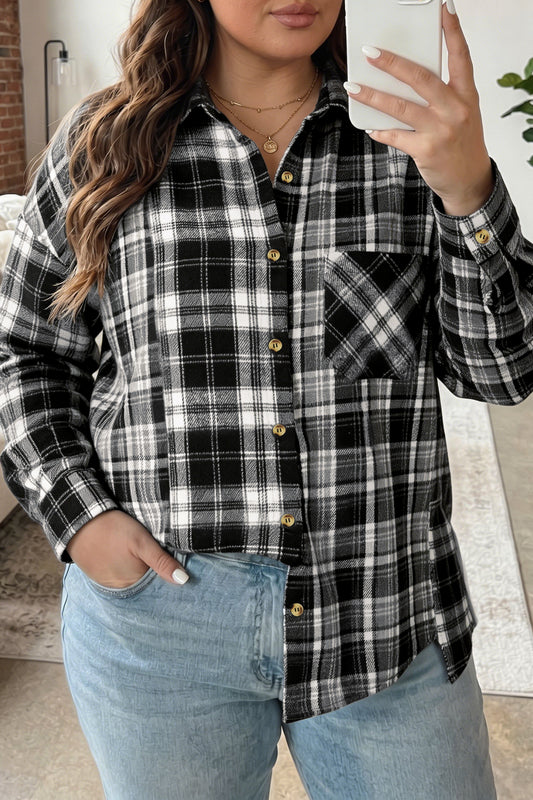 Black Plaid Long Sleeve V Neck Shift Plus Size Shirt Jacket-Plus Size/Plus Size Outerwear-[Adult]-[Female]-Black-1X-2022 Online Blue Zone Planet