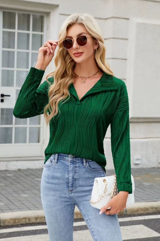 Texture Collared Neck Long Sleeve Blouse-TOPS / DRESSES-[Adult]-[Female]-Dark Green-S-2022 Online Blue Zone Planet