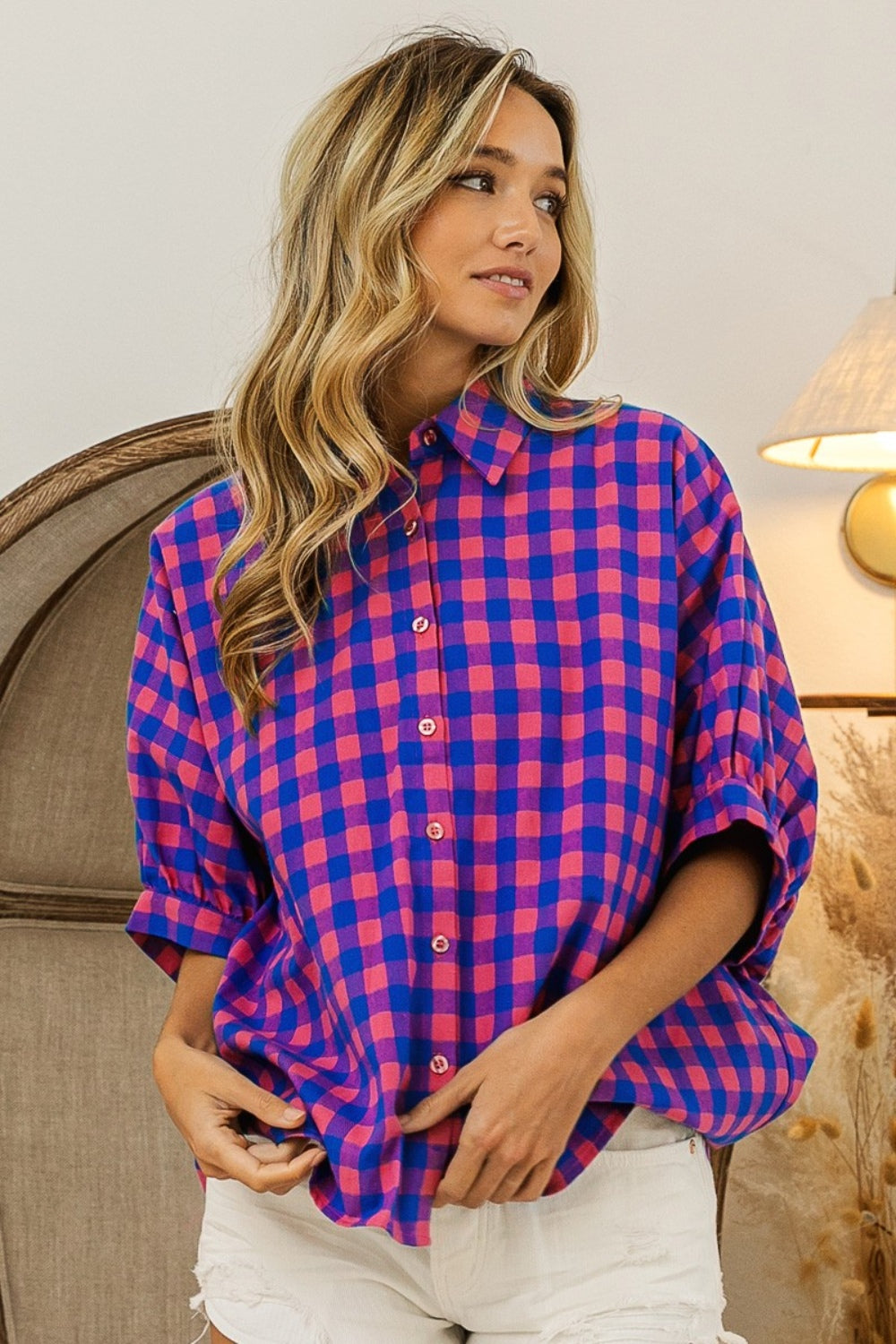 BiBi Plaid Button Up Dolman Sleeve Shirt-TOPS / DRESSES-[Adult]-[Female]-2022 Online Blue Zone Planet