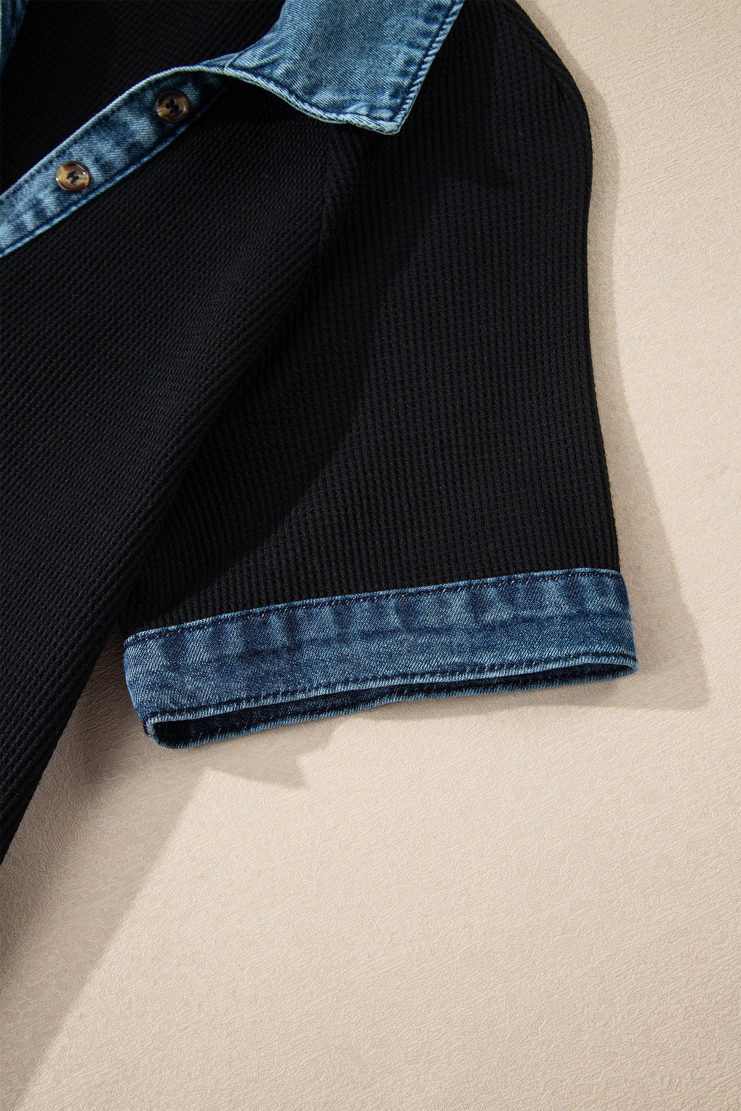 Black Waffle Knit Denim Contrast Trim Patchwork Button Polo Tee Dress-TOPS / DRESSES-[Adult]-[Female]-2022 Online Blue Zone Planet