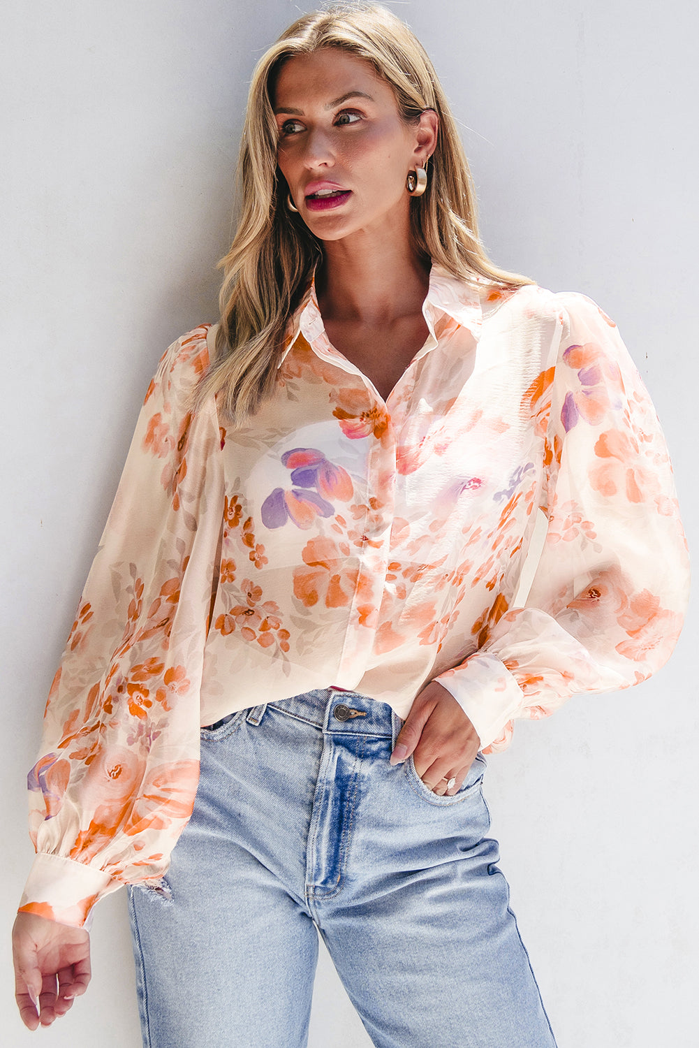 Blue Zone Planet | White Floral Print Collared Balloon Sleeve Loose Shirt-TOPS / DRESSES-[Adult]-[Female]-White-S-2022 Online Blue Zone Planet