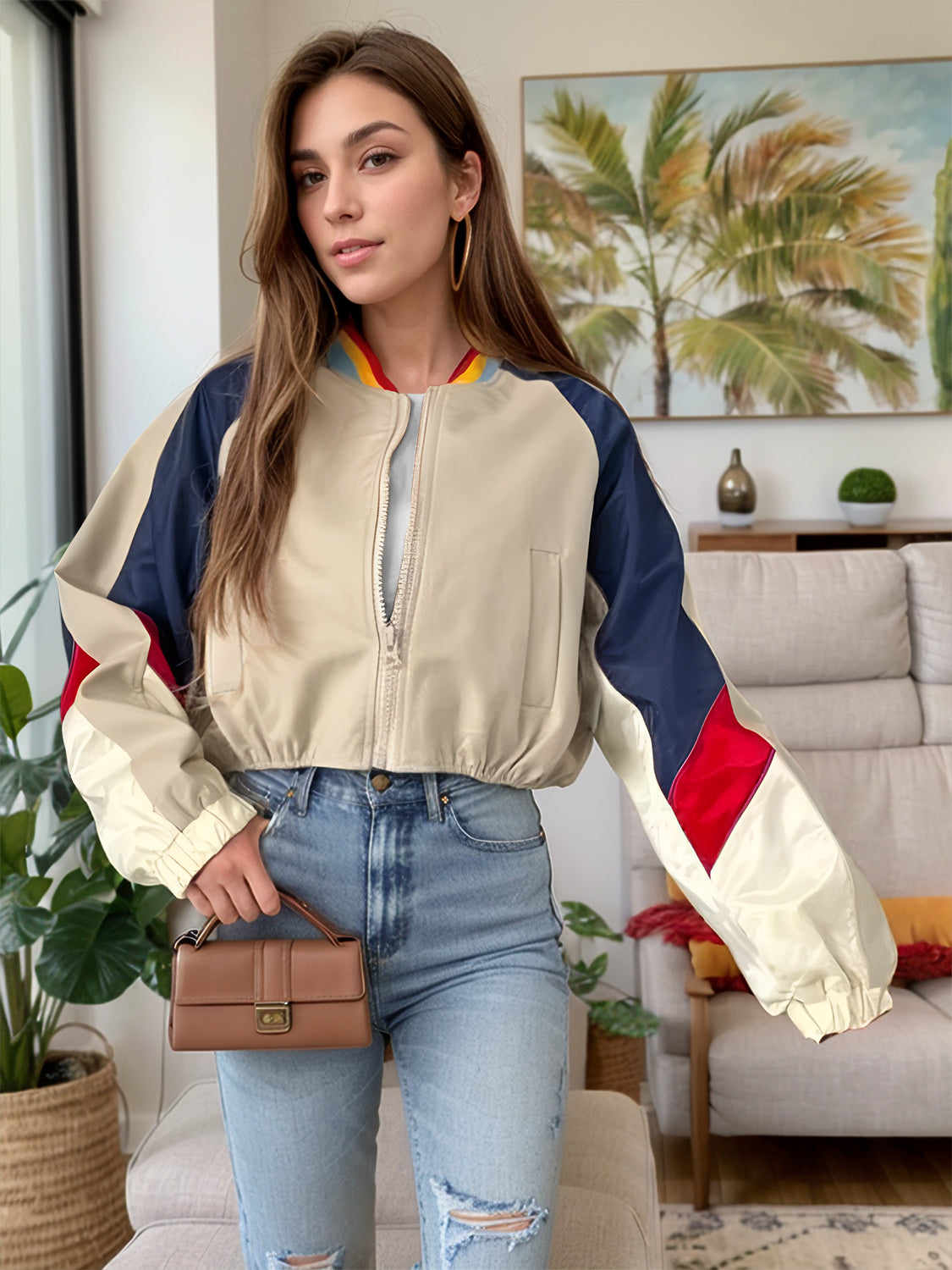 Contrast Baseball Collar Zip Up Long Sleeve Jacket-TOPS / DRESSES-[Adult]-[Female]-Beige-S-2022 Online Blue Zone Planet