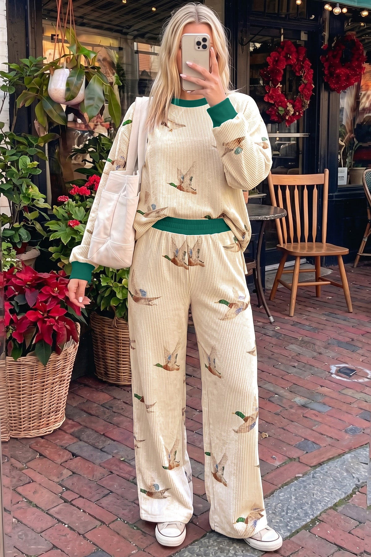 Beige Mallard Duck Print Twisted Rib Long Sleeve Two Piece Pants Sets-Two Piece Sets/Pant Sets-[Adult]-[Female]-2022 Online Blue Zone Planet