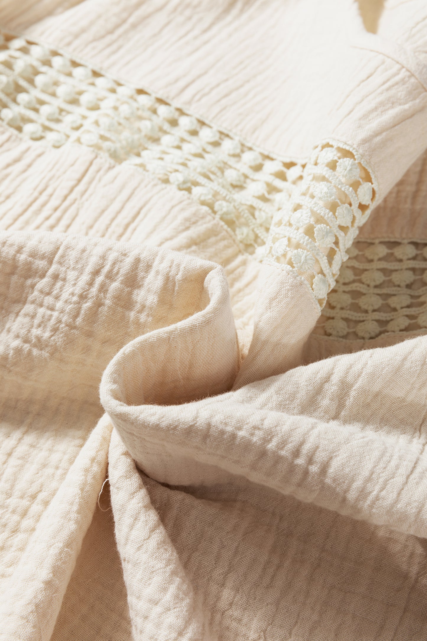 Beige Crochet Insert Textured Cotton Short Sleeve Blouse Top-Tops/Blouses & Shirts-[Adult]-[Female]-2022 Online Blue Zone Planet