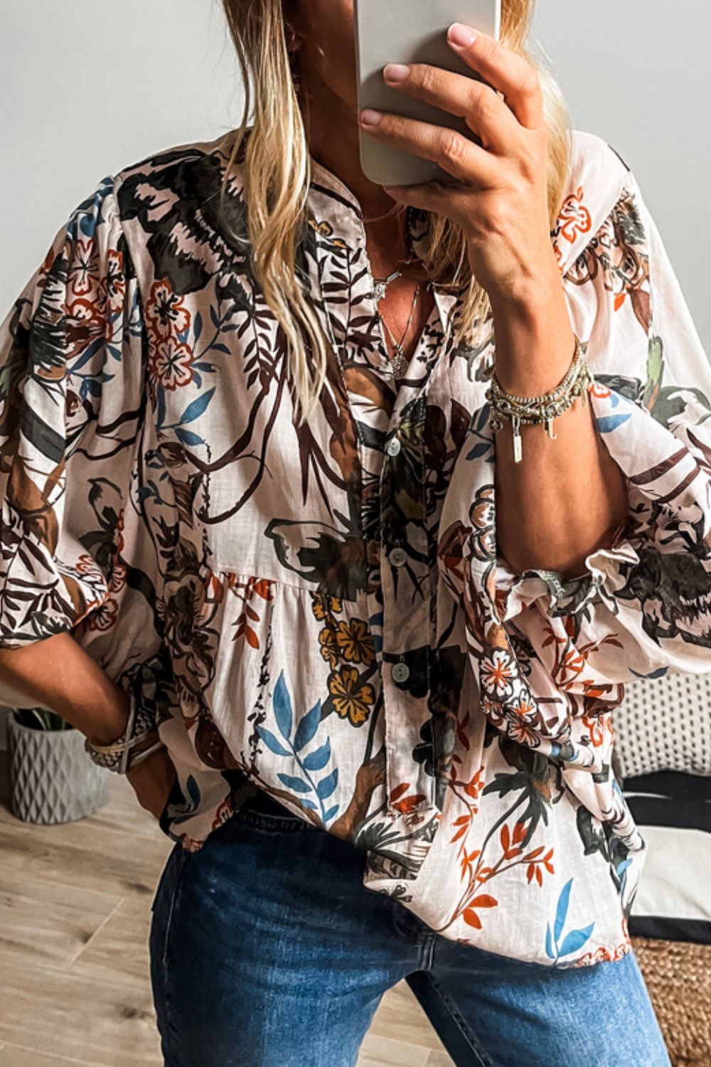 Blue Zone Planet | Printed Notched Flounce Sleeve Blouse-TOPS / DRESSES-[Adult]-[Female]-2022 Online Blue Zone Planet